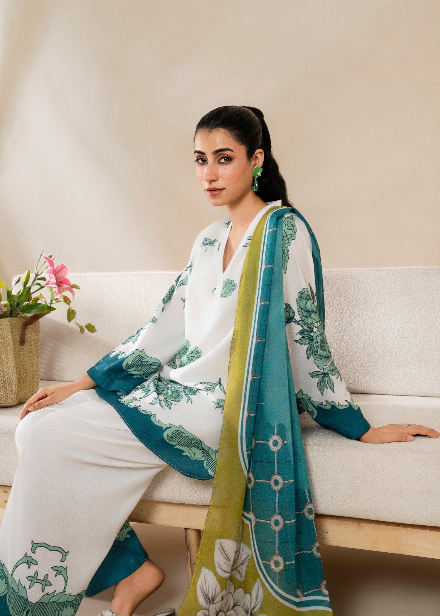 poly lawn Kurta Set in White, emerald green