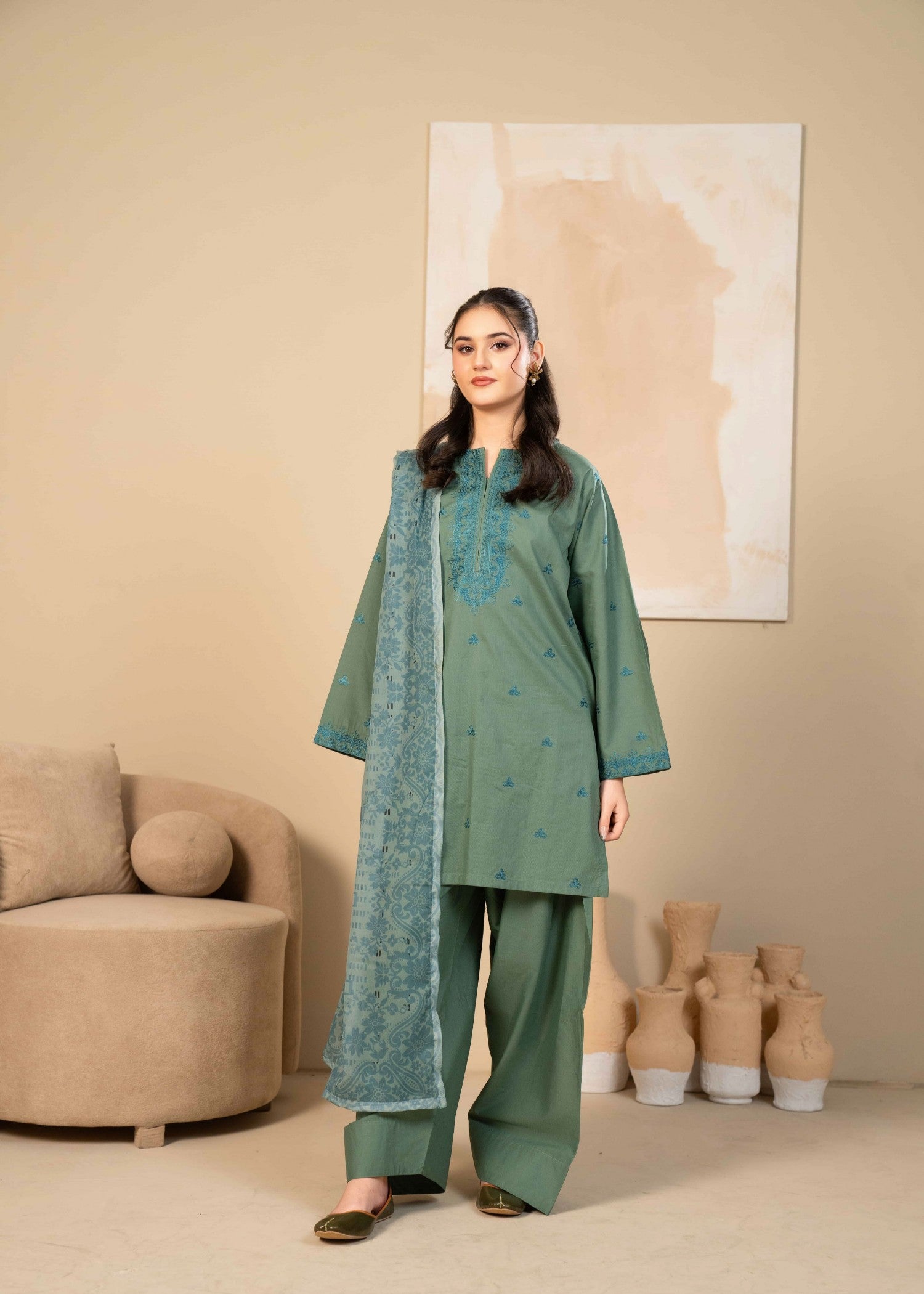 lawn cotton Kurta Set in Sage green