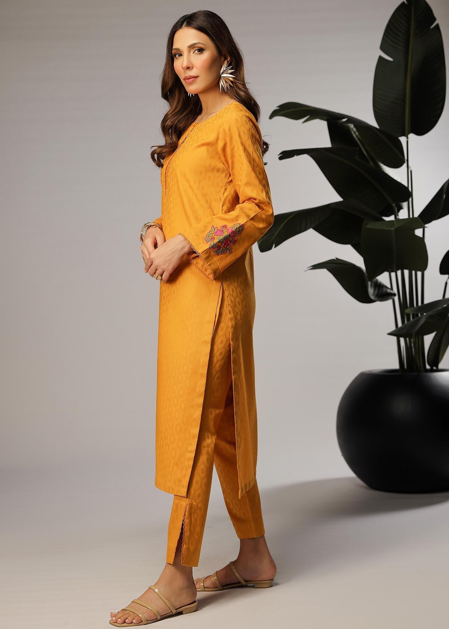 self jacquard Kurta Set in Yellow