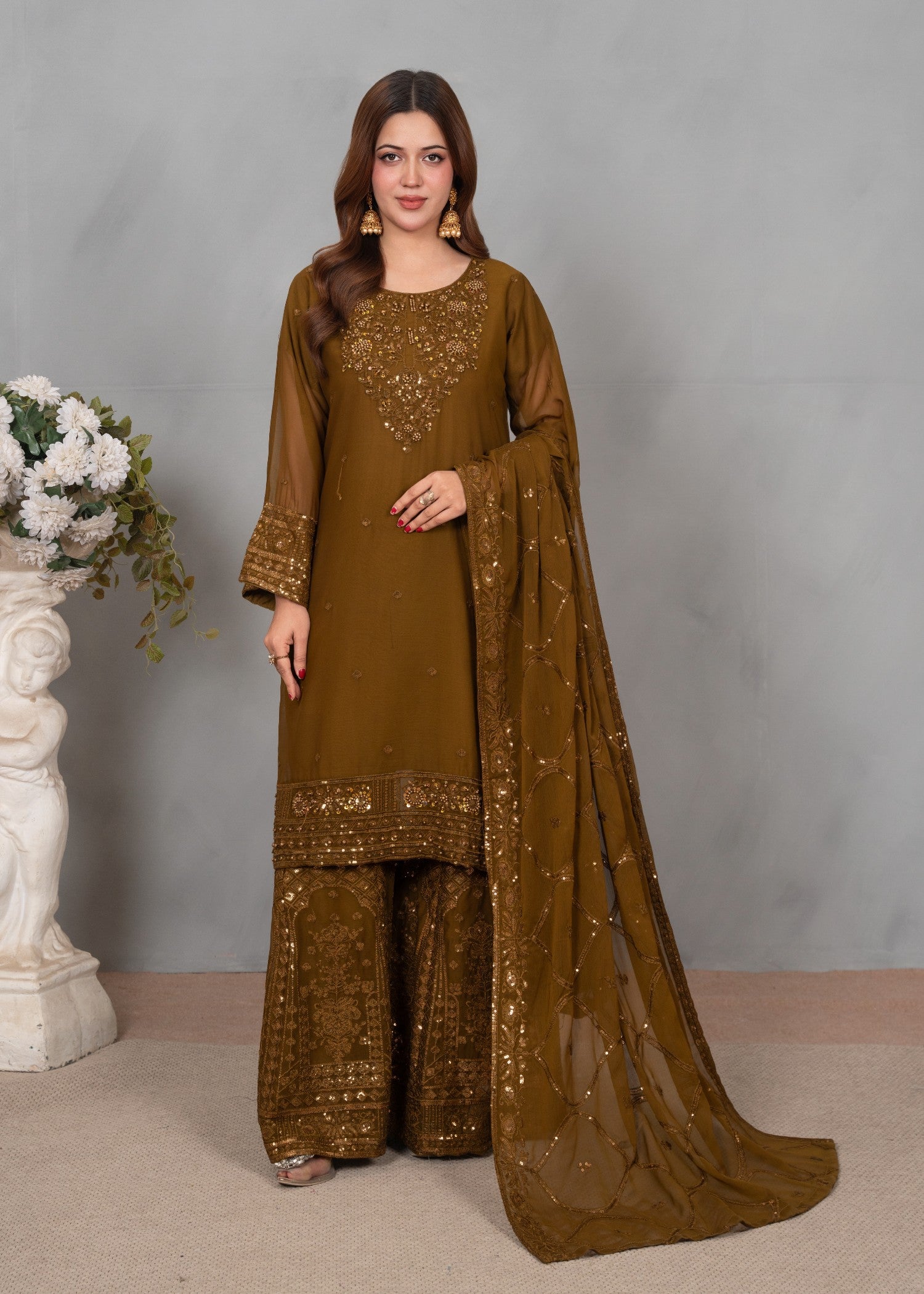 chiffon Gharara in Olive green