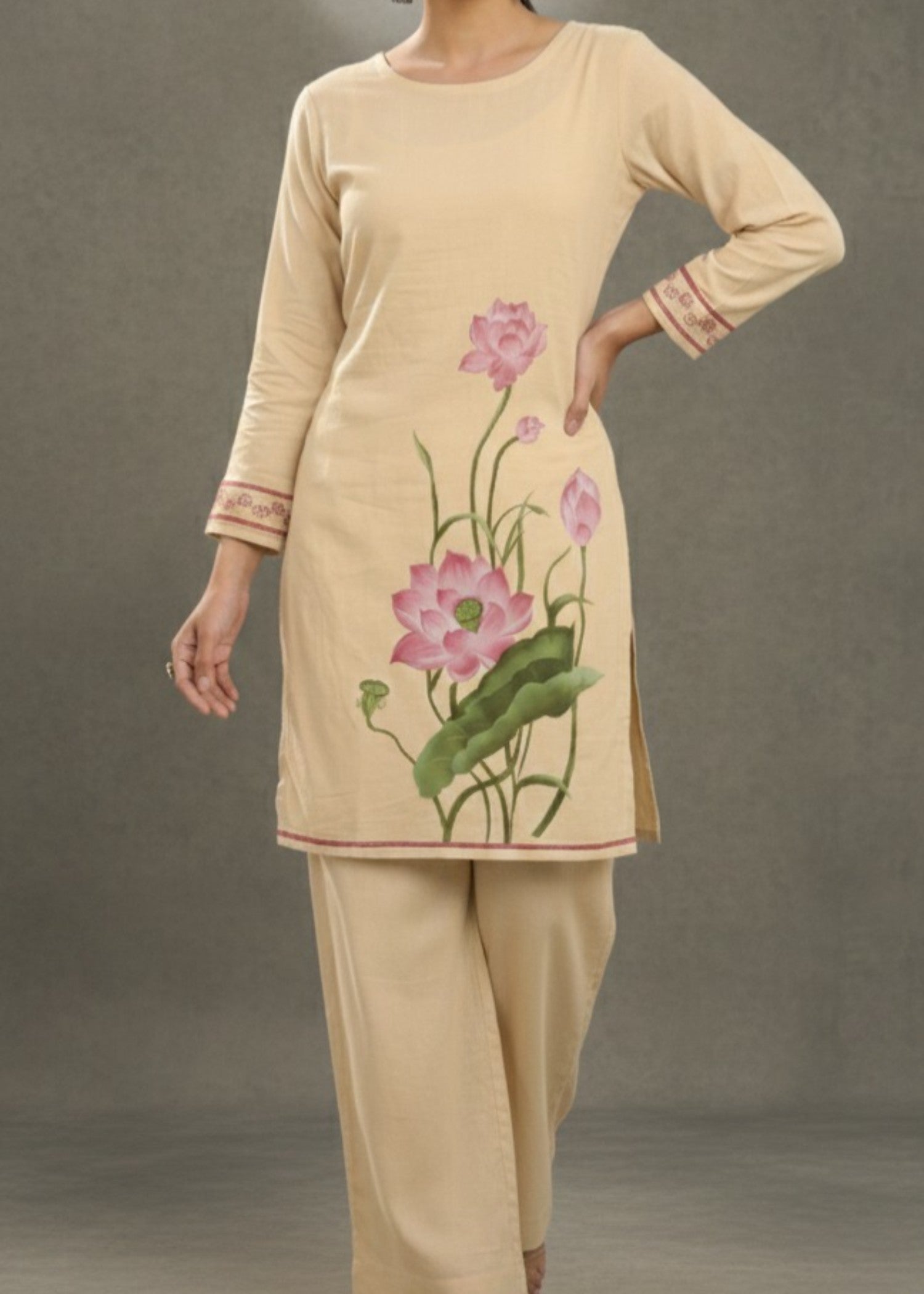poly lawn Kurta Set in Beige