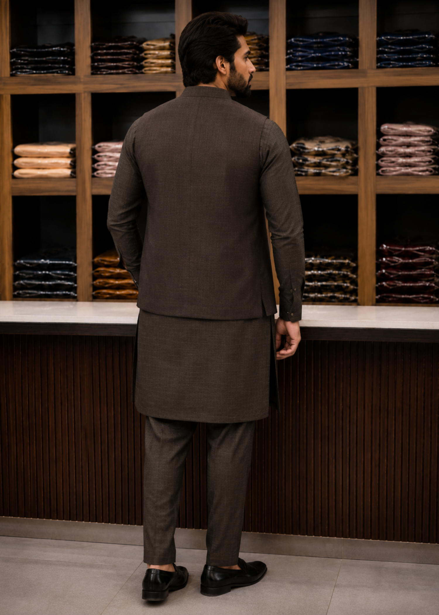 wash & wear Waistcoat in Stone grey by Noor E Zehra.Store