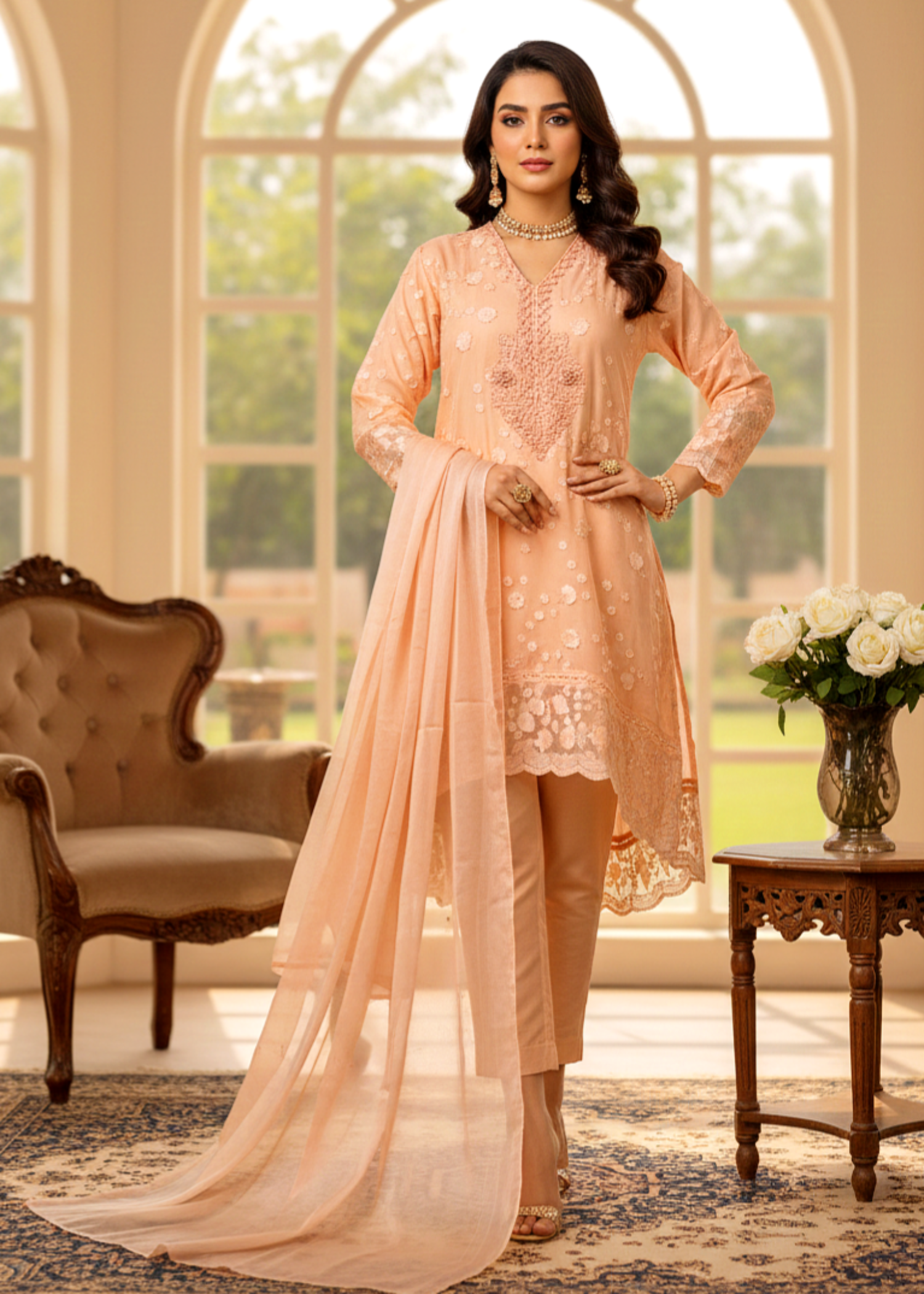 chiffon silk Kurta Set in Peach orange
