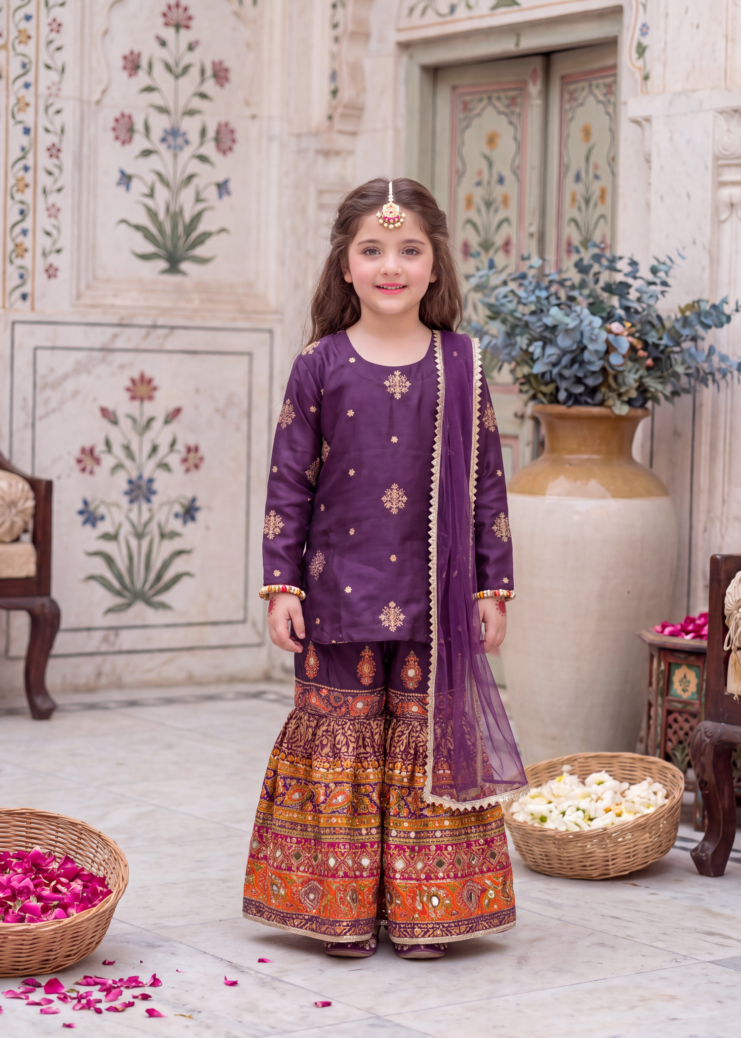 kattan silk Gharara in Purple, multi