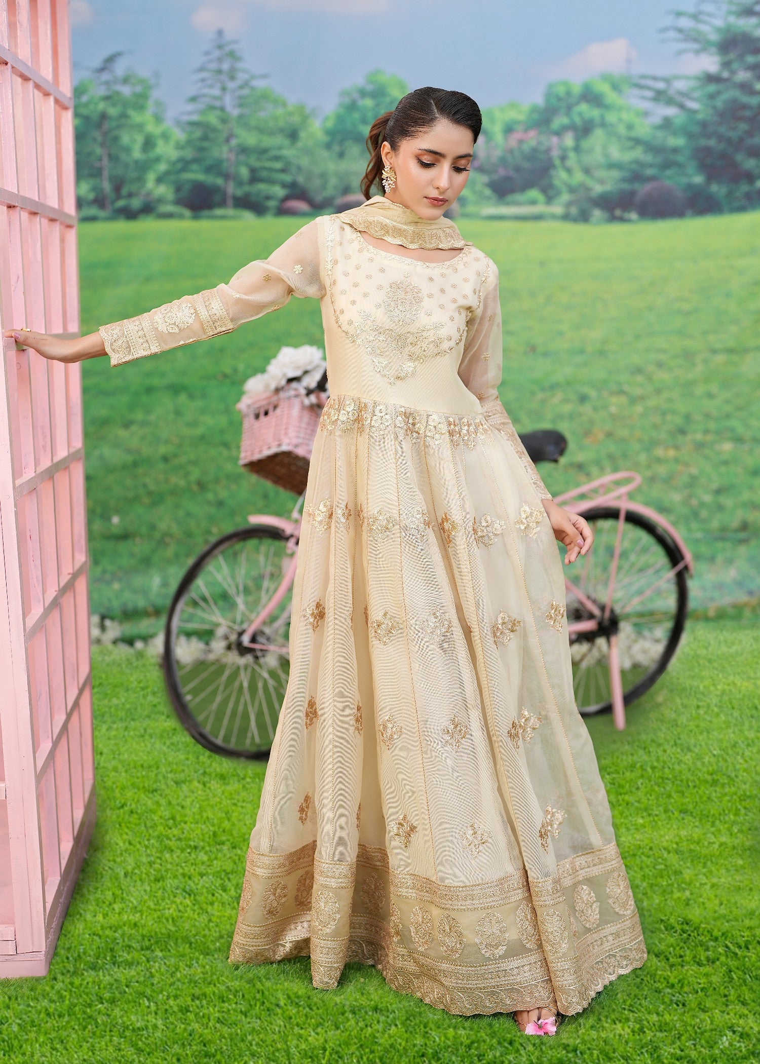 khaddi net Pishwas in Cream