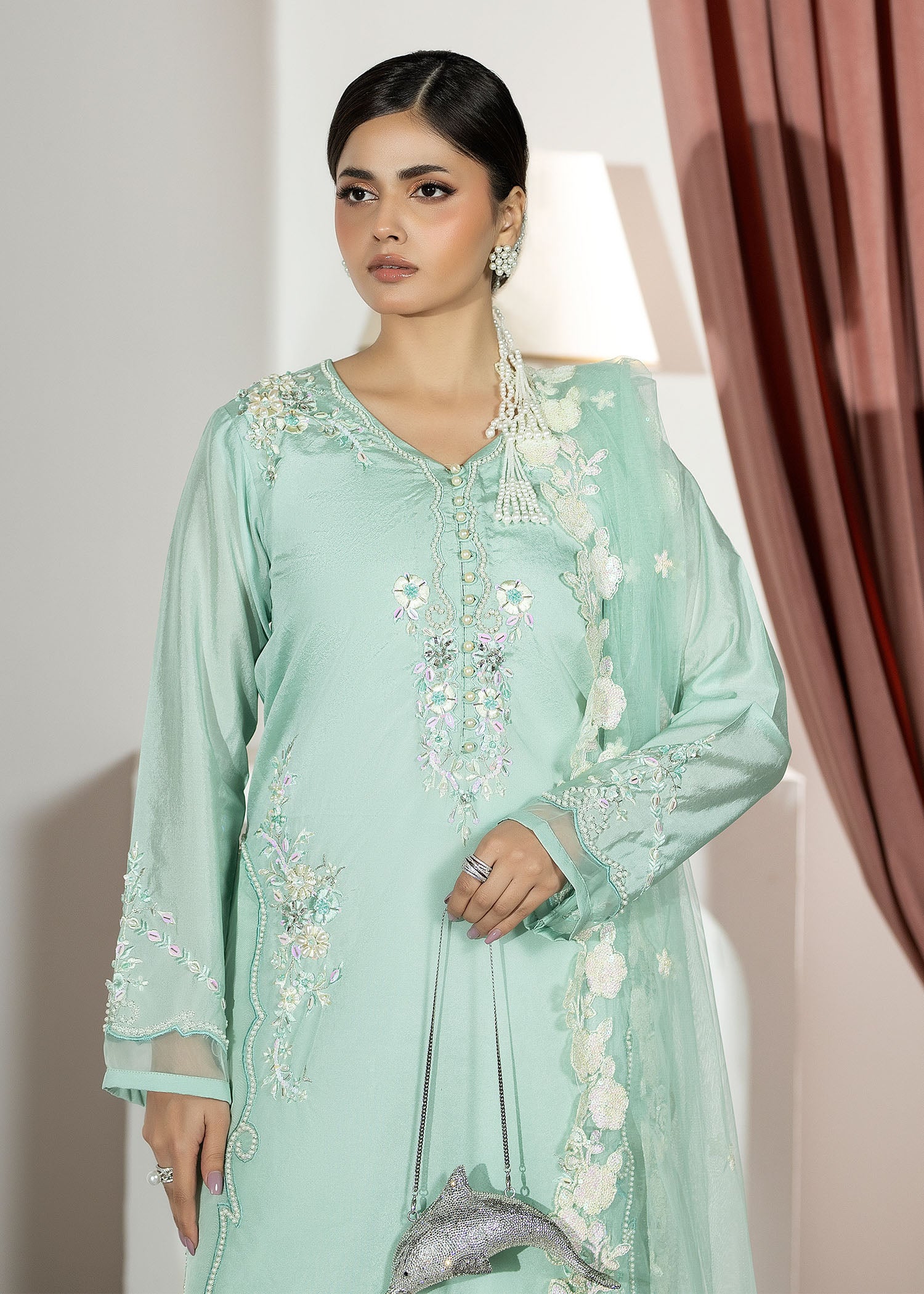 silk Kurta Set in Aquamarine