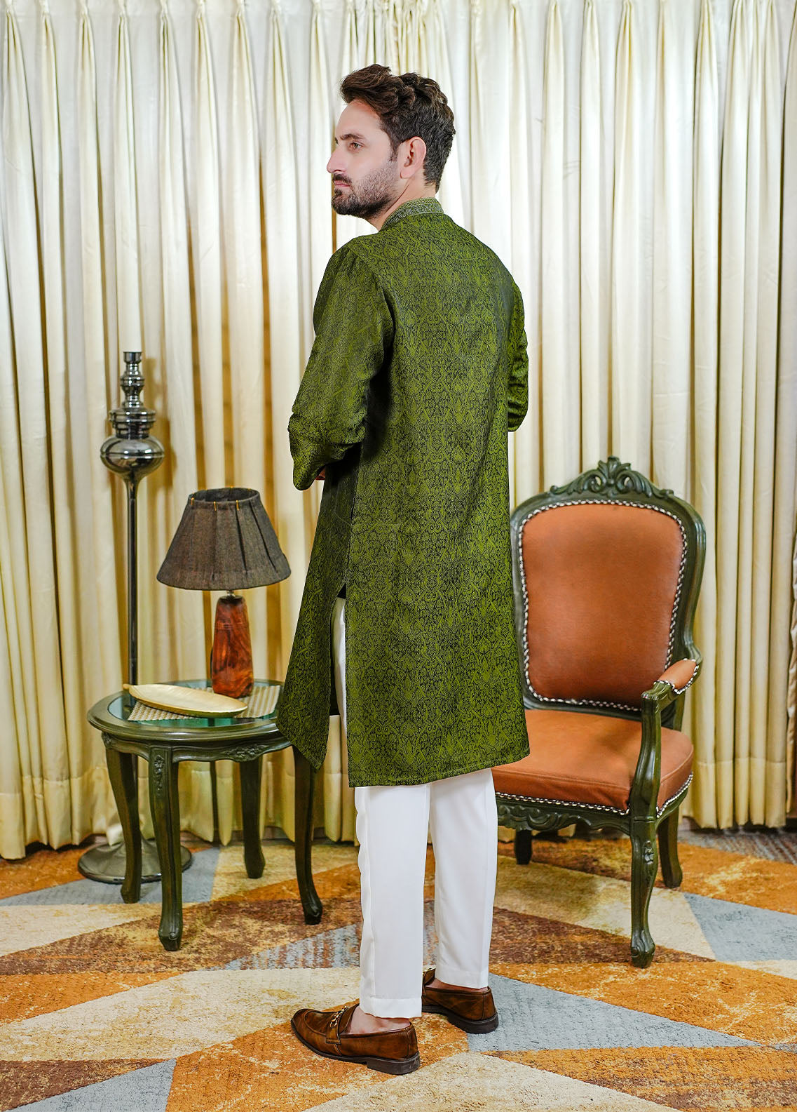 traditional jamawar Kurta in Green