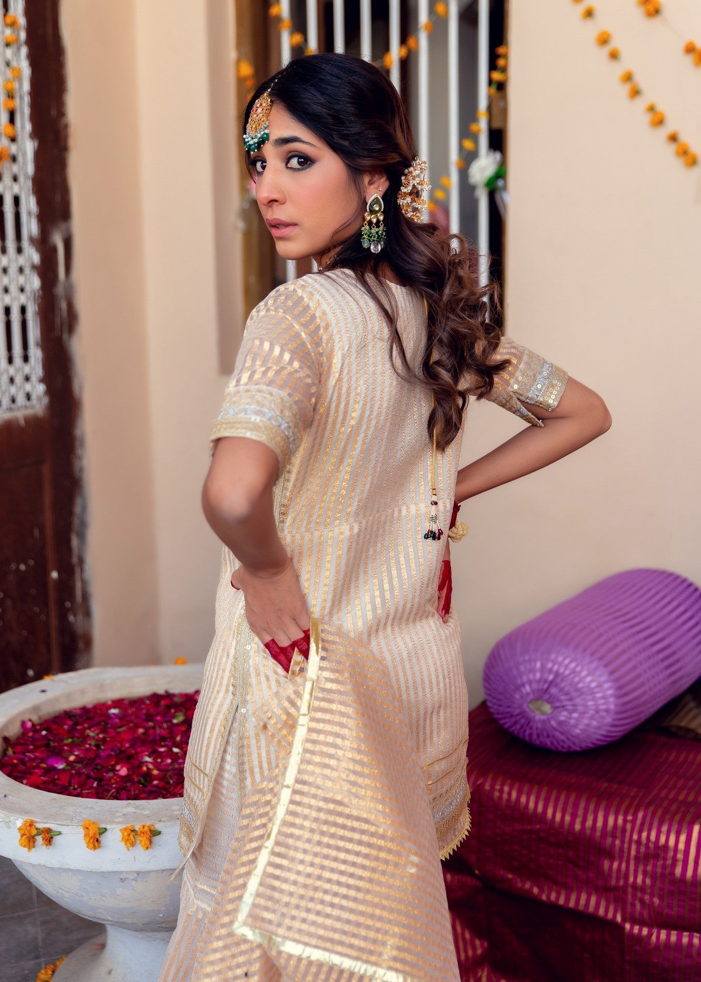 organza Gharara in Gold
