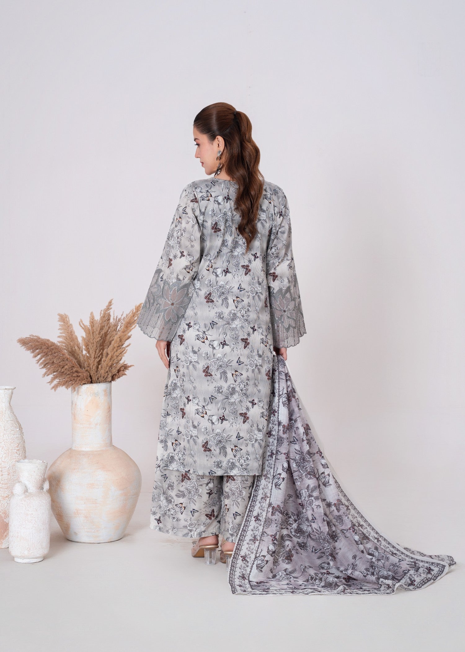 corduroy Kurta Set in White, grey