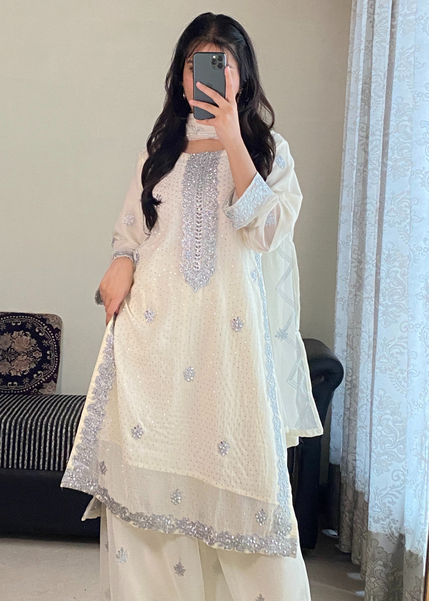 chiffon Kurta Set in Cream