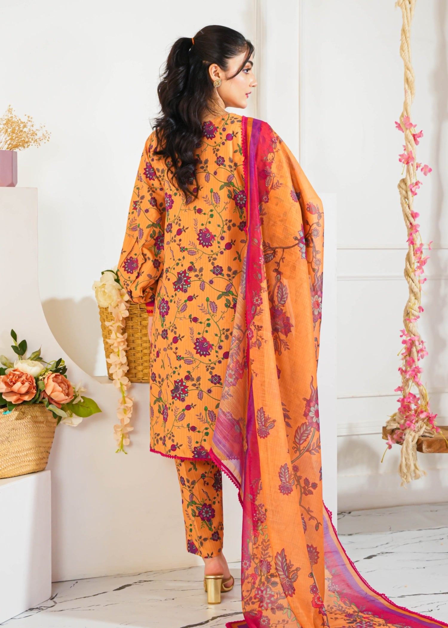slub lawn Kurta Set in Mustard