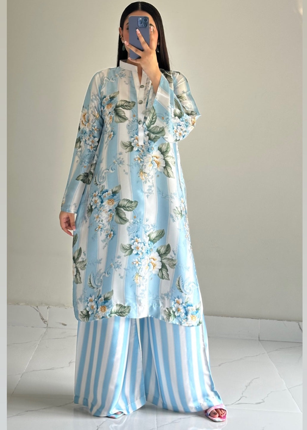 slub cambric Kurta Set in Ice blue