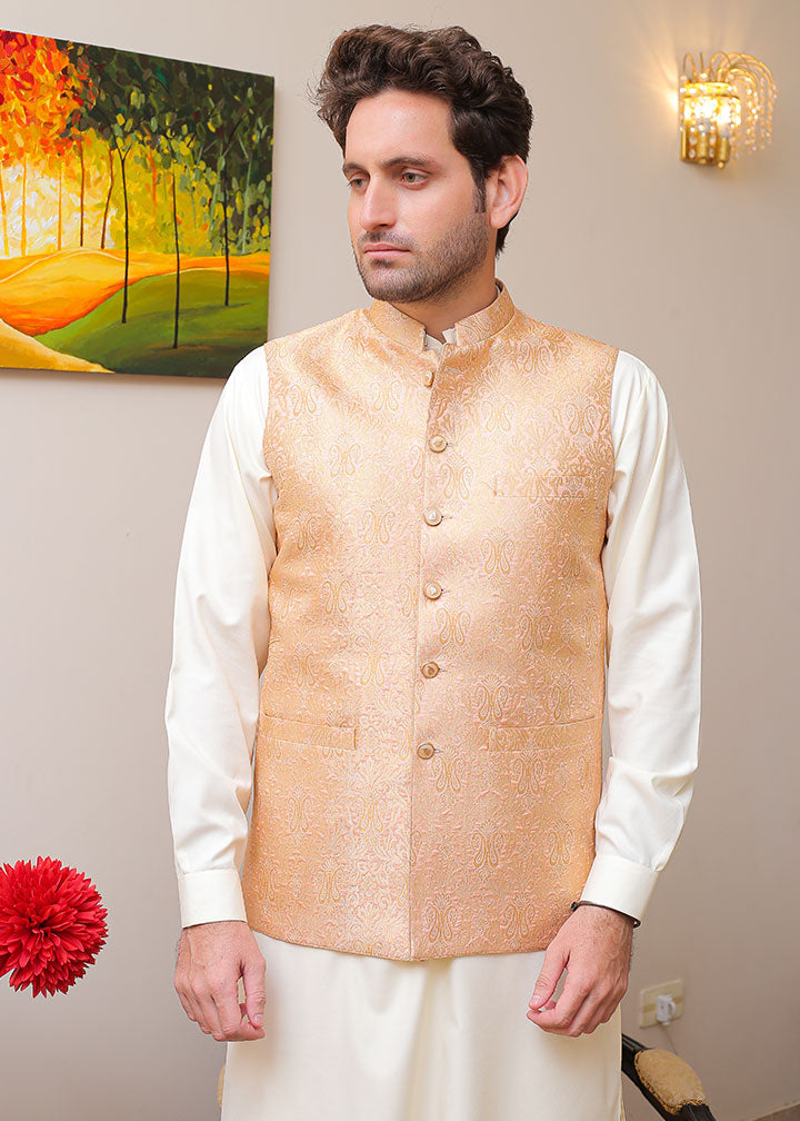 banarsi silk Waistcoat in Peach pink