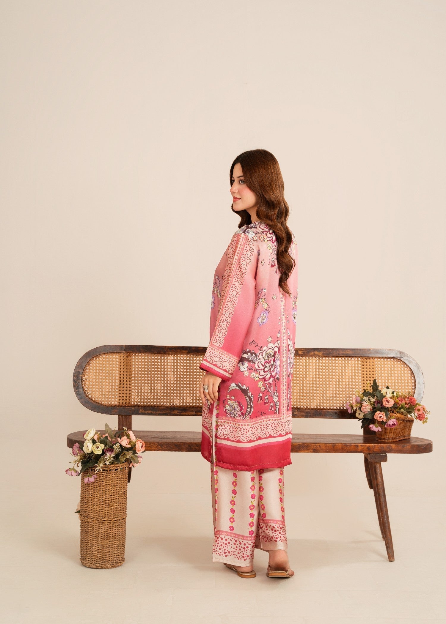 poly lawn Kurta Set in Hot pink red