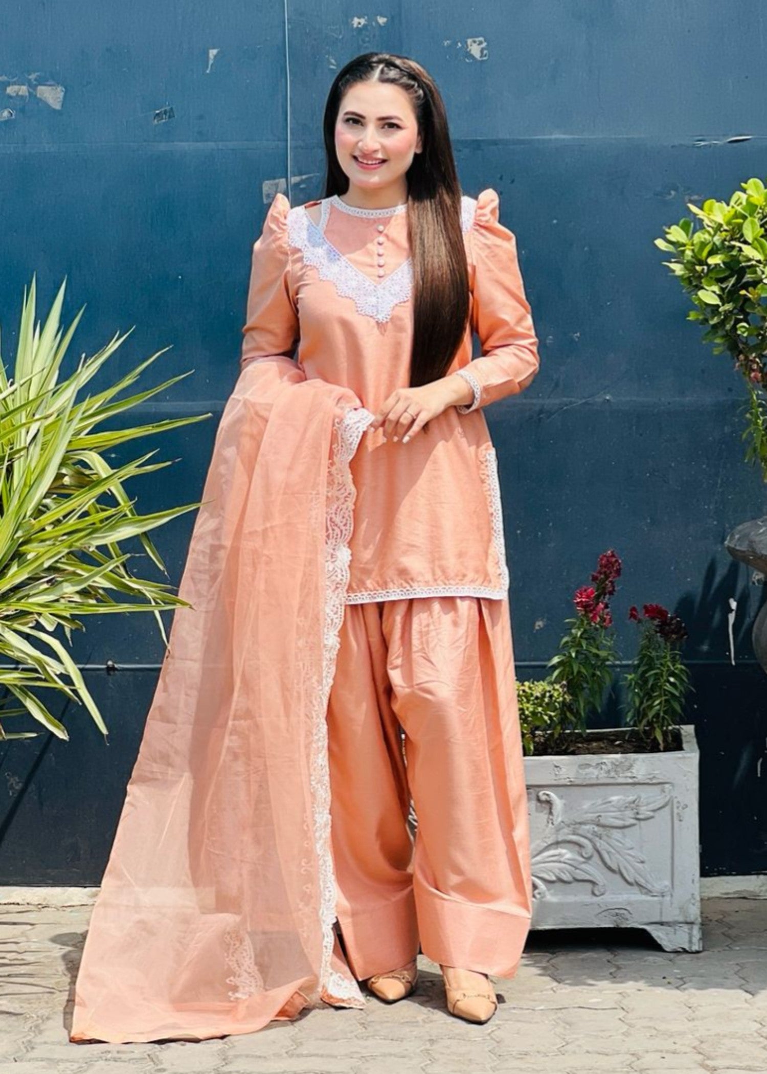 cotton silk Kurta Set in Peach orange