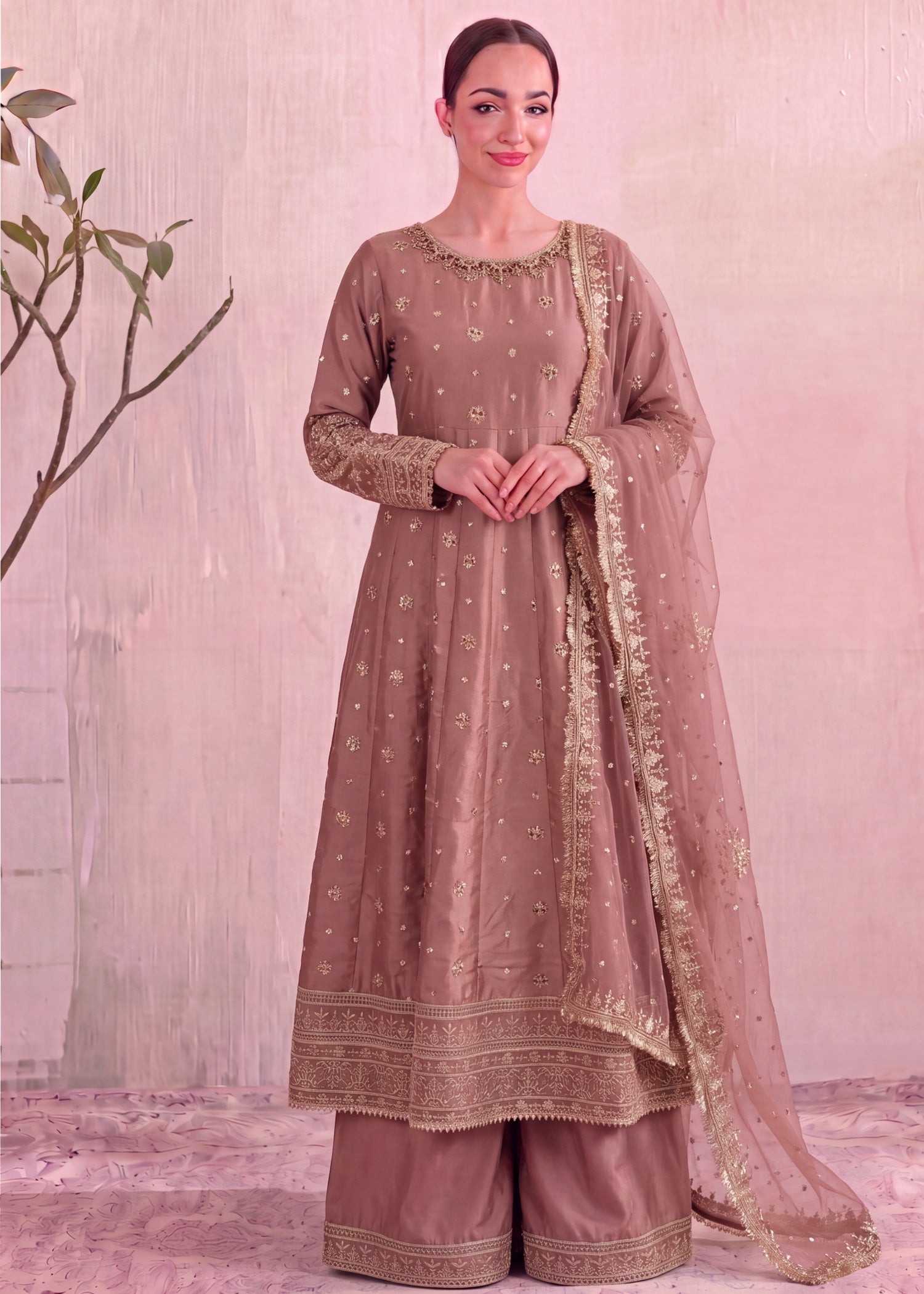 silk Pishwas in Chestnut brown