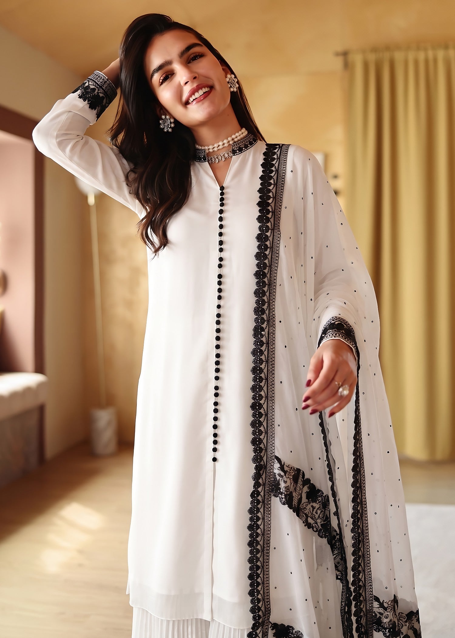 bemberg crinkle chiffon Sharara in Off-white