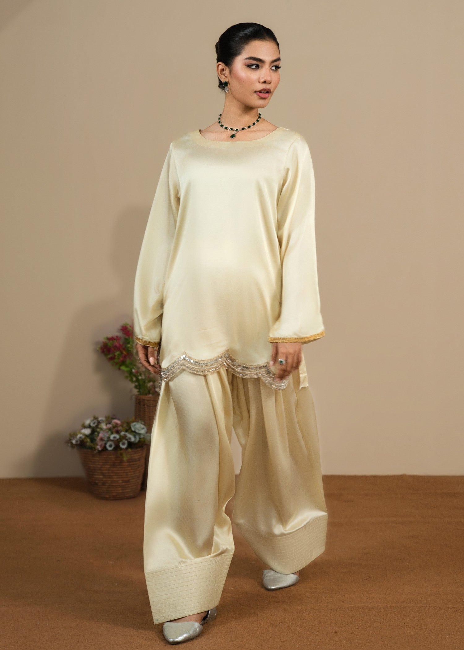 silk Kurta Set in Pale yellow