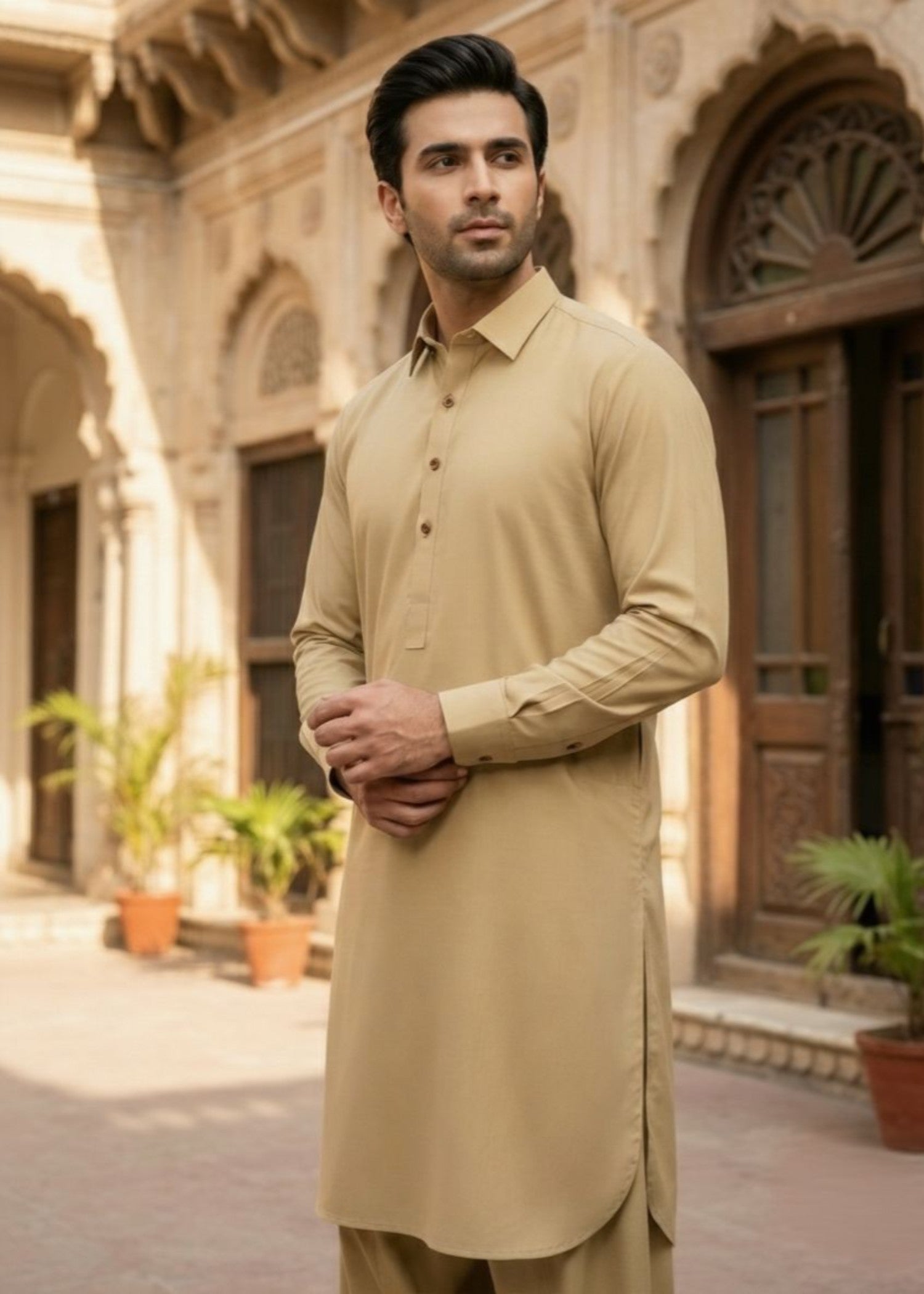 wash & wear Shalwar Kameez in Gold, khaki brown by Dulha Fashion House