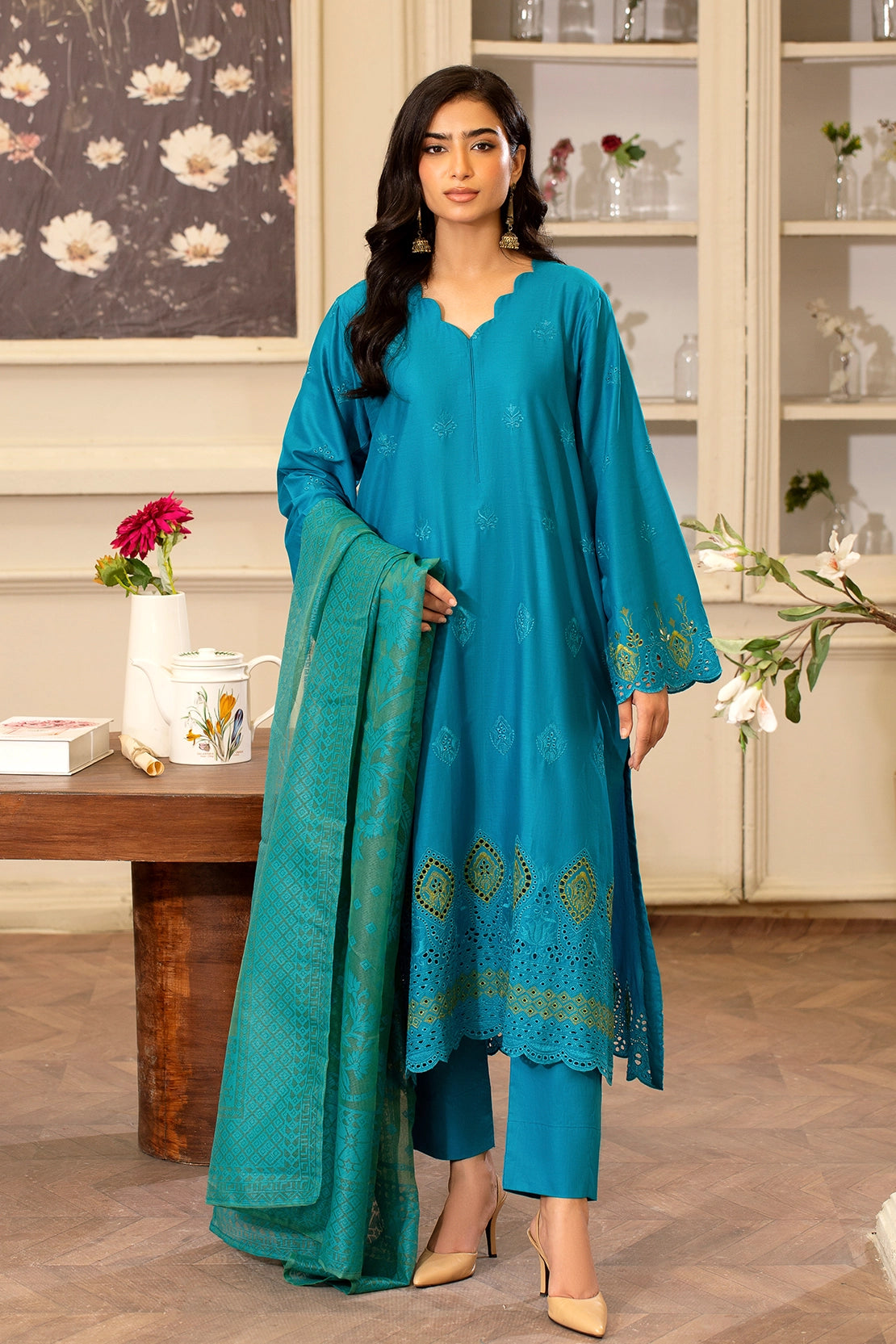 zari lawn Unstitched in Dark cyan