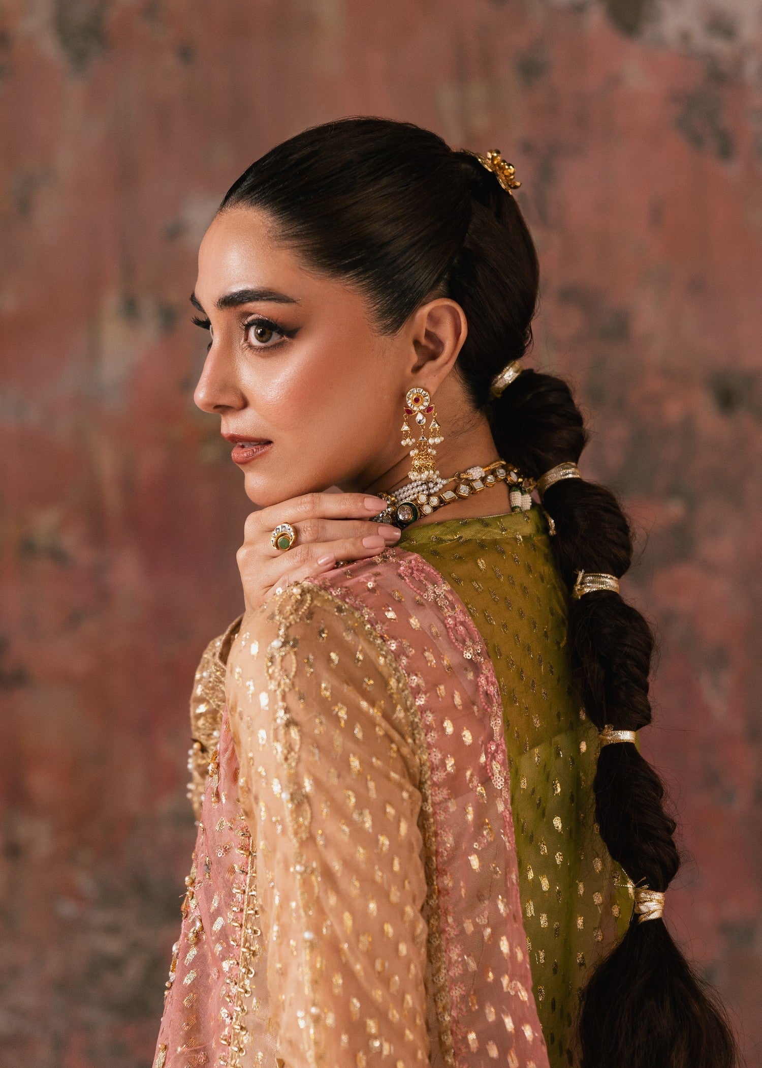 organza Pishwas in Olive green, coral orange