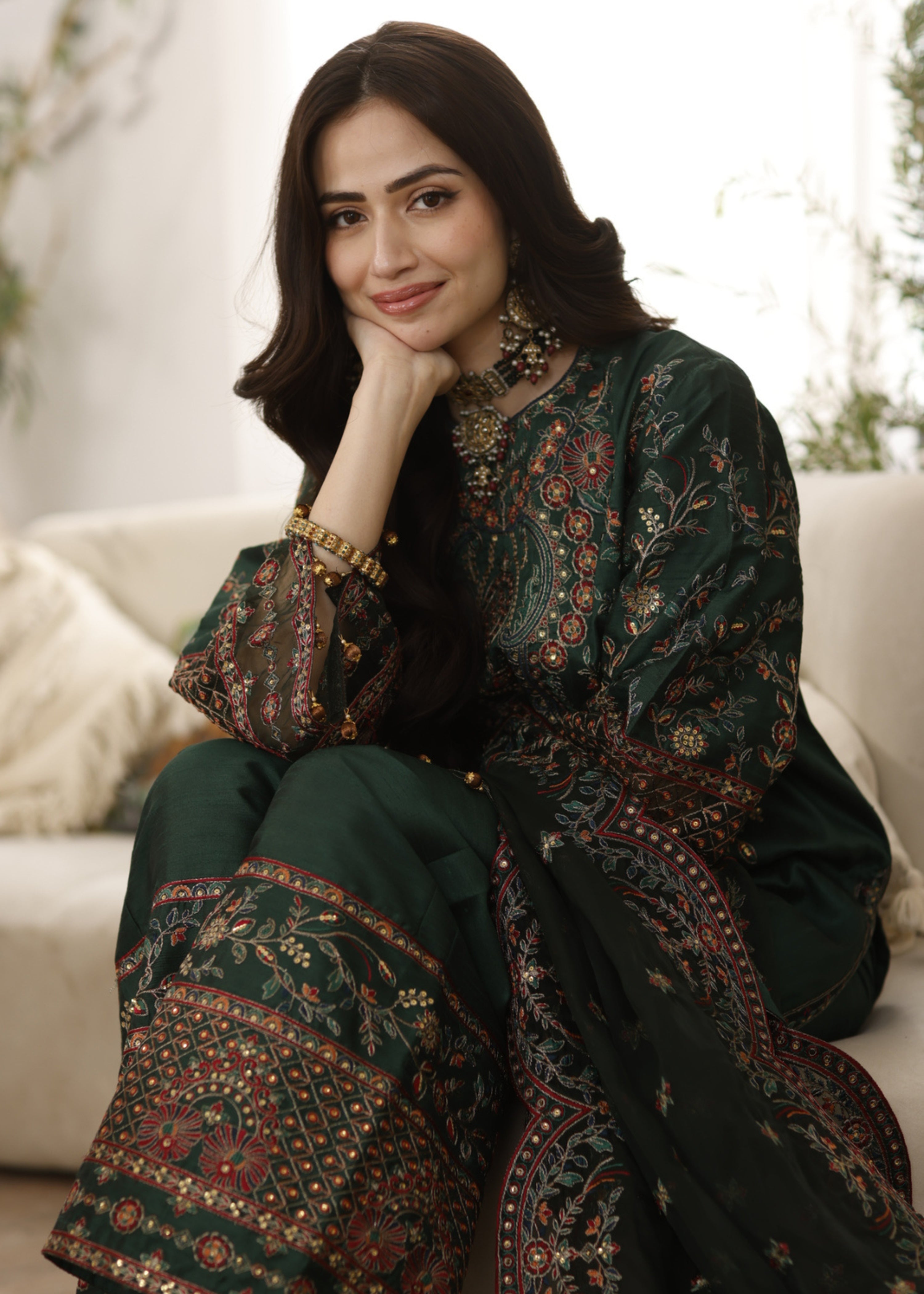 raw silk Kurta Set in Dark green