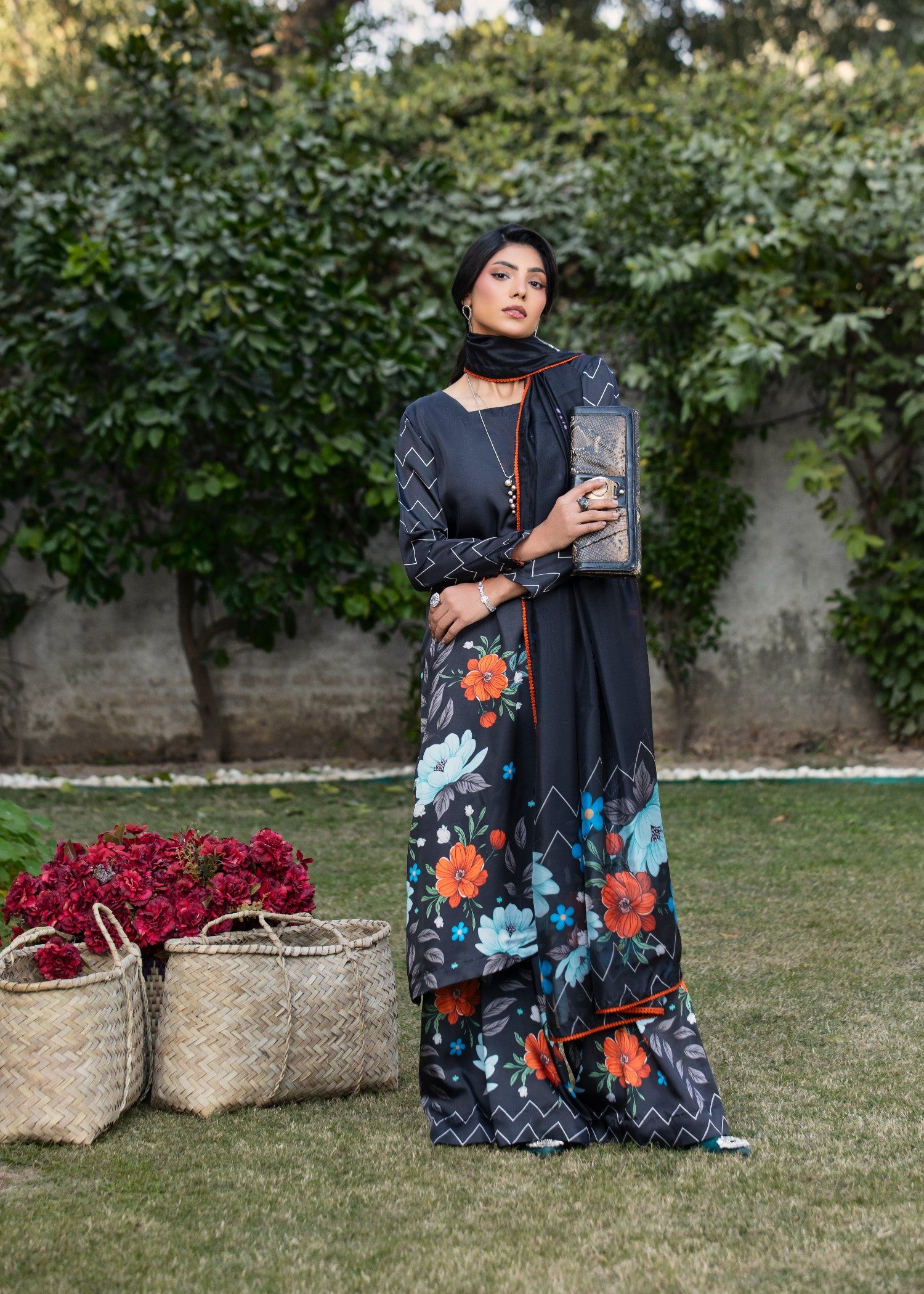 silk Kurta Set in Black, ink