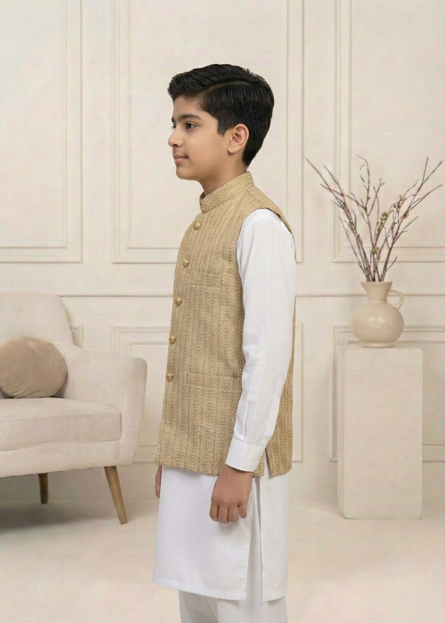 traditional jamawar Waistcoat in Gold