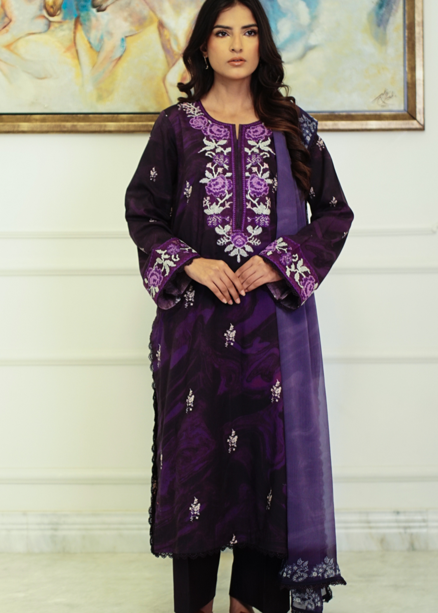lawn Kurta Set in Purple heart, purple rain
