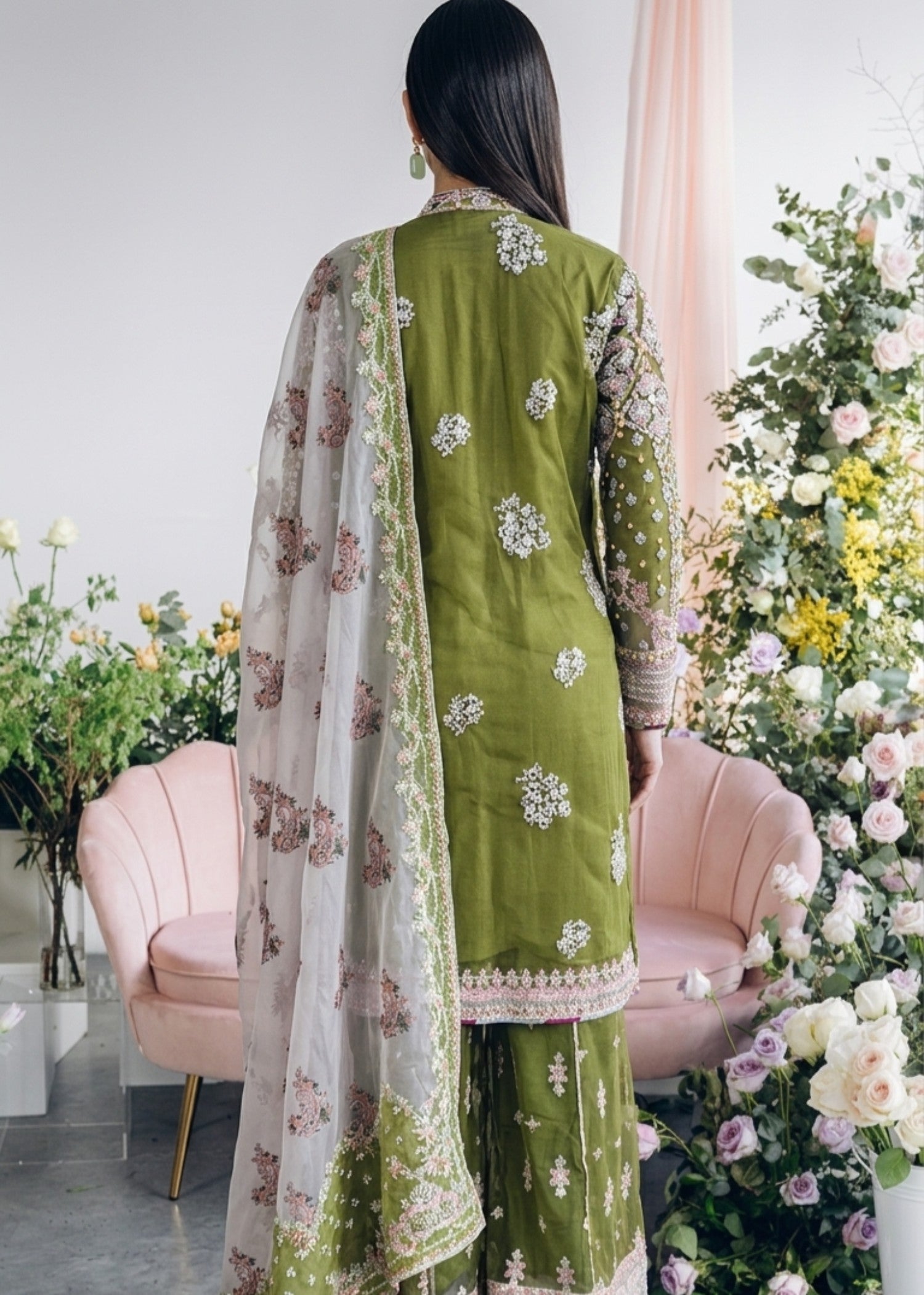 net Sharara in Avocado green