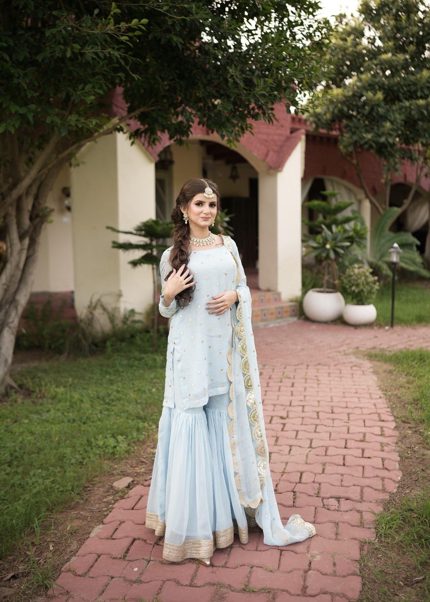 chiffon Gharara in Powder blue