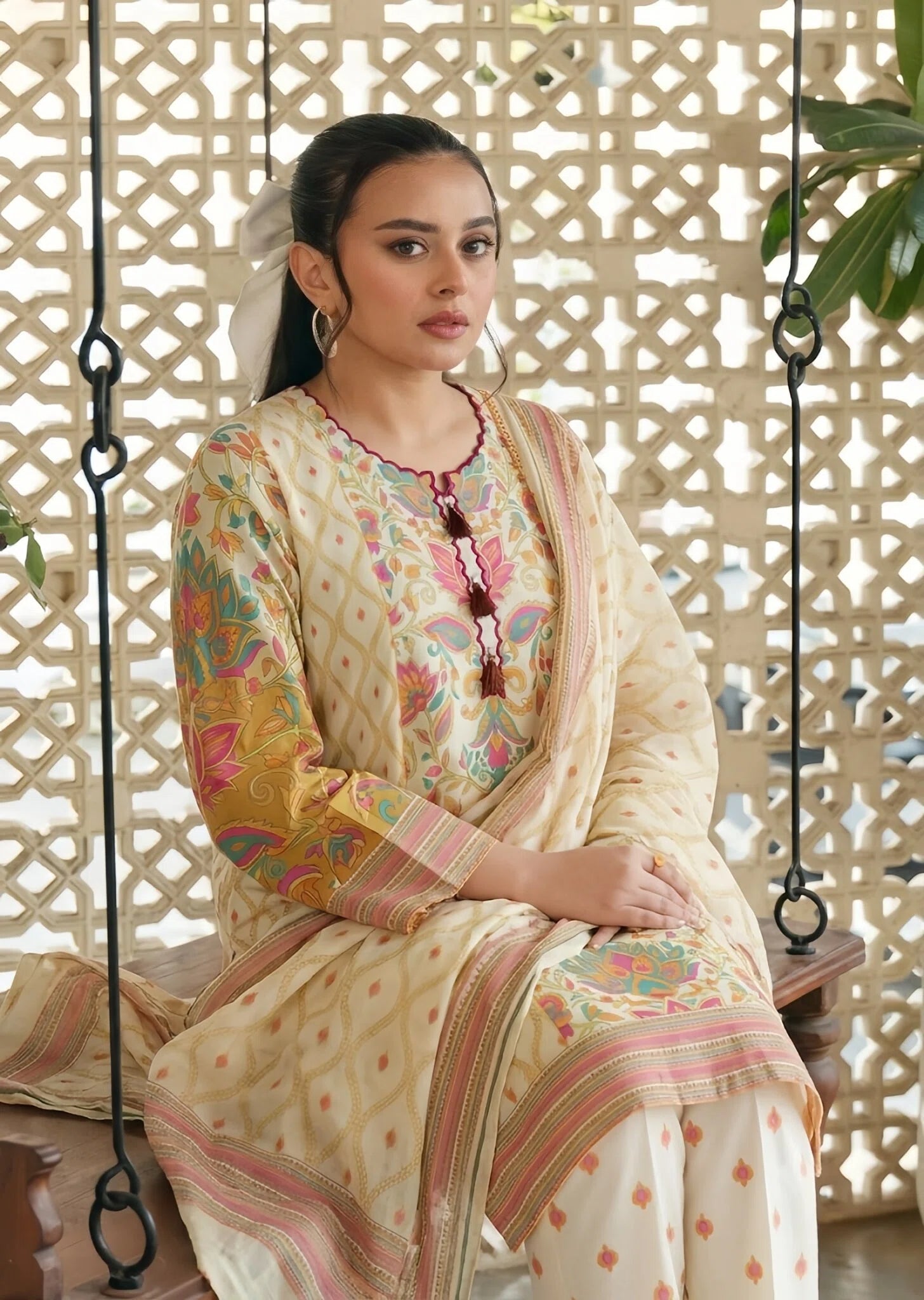 poly lawn Kurta Set in Ivory
