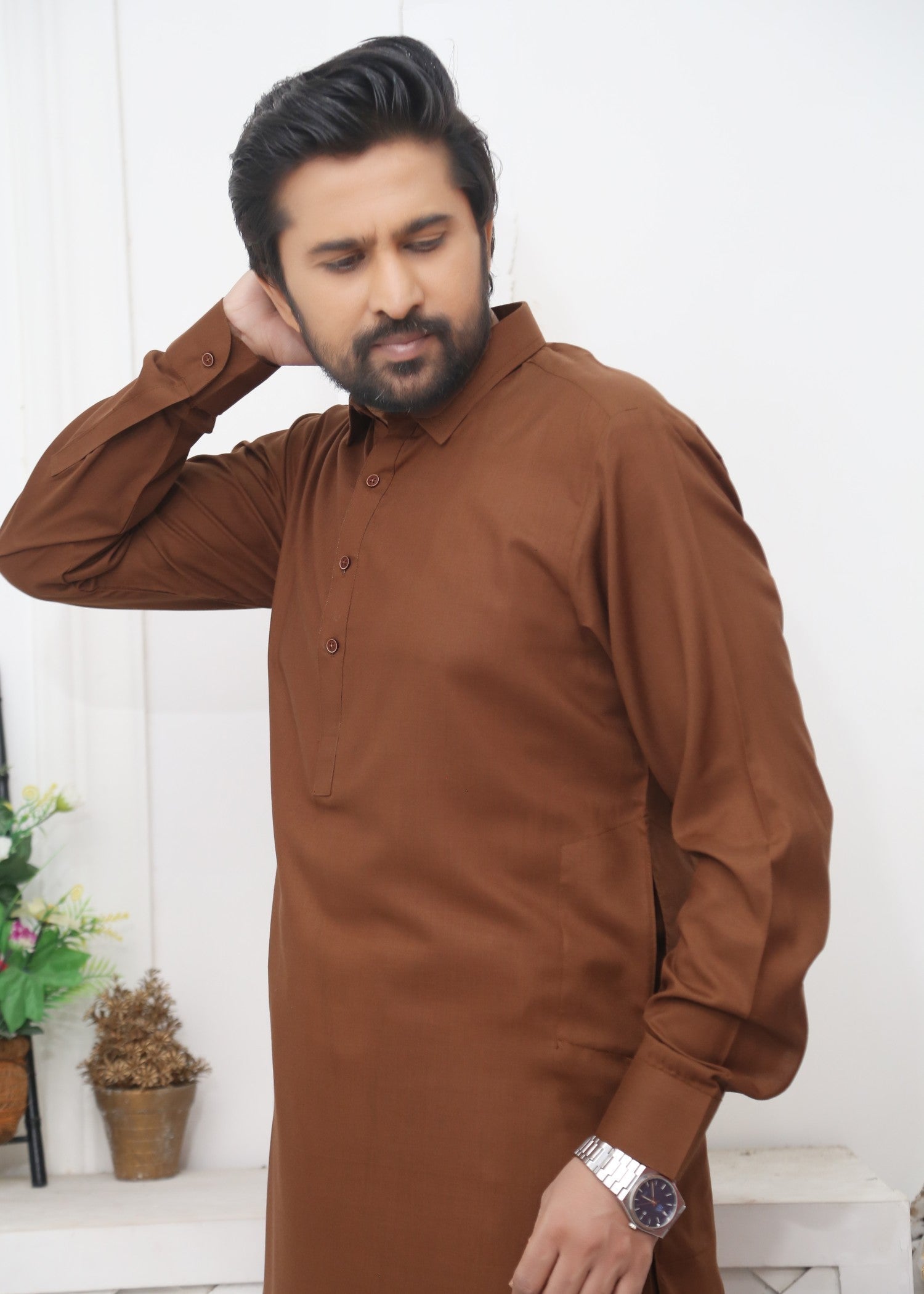 wash & wear Shalwar Kameez in Rustic brown