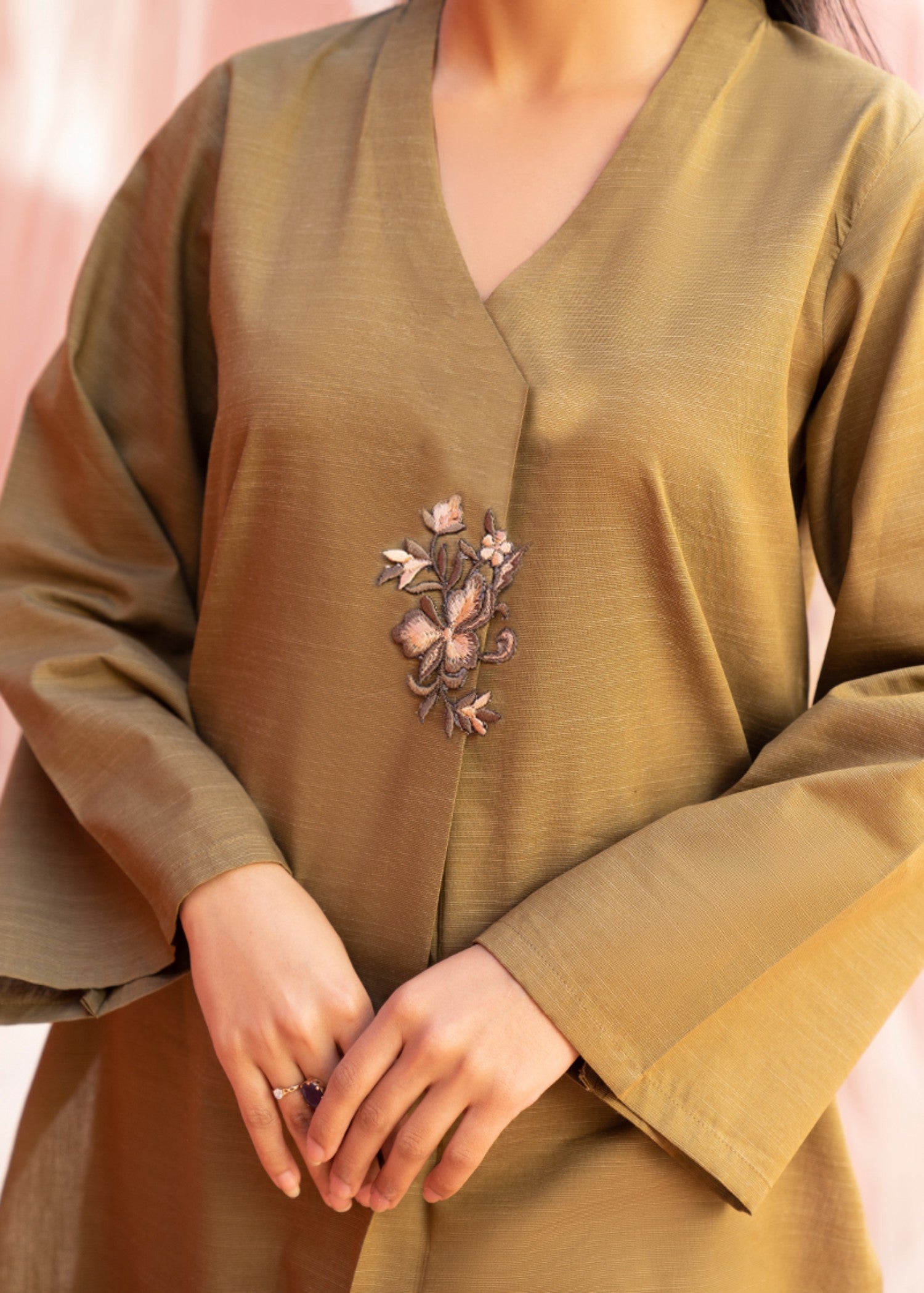 slub cambric Kurta Set in Olive green