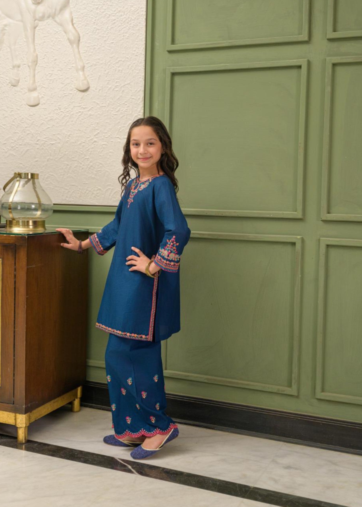 lawn Kurta Set in Dark blue