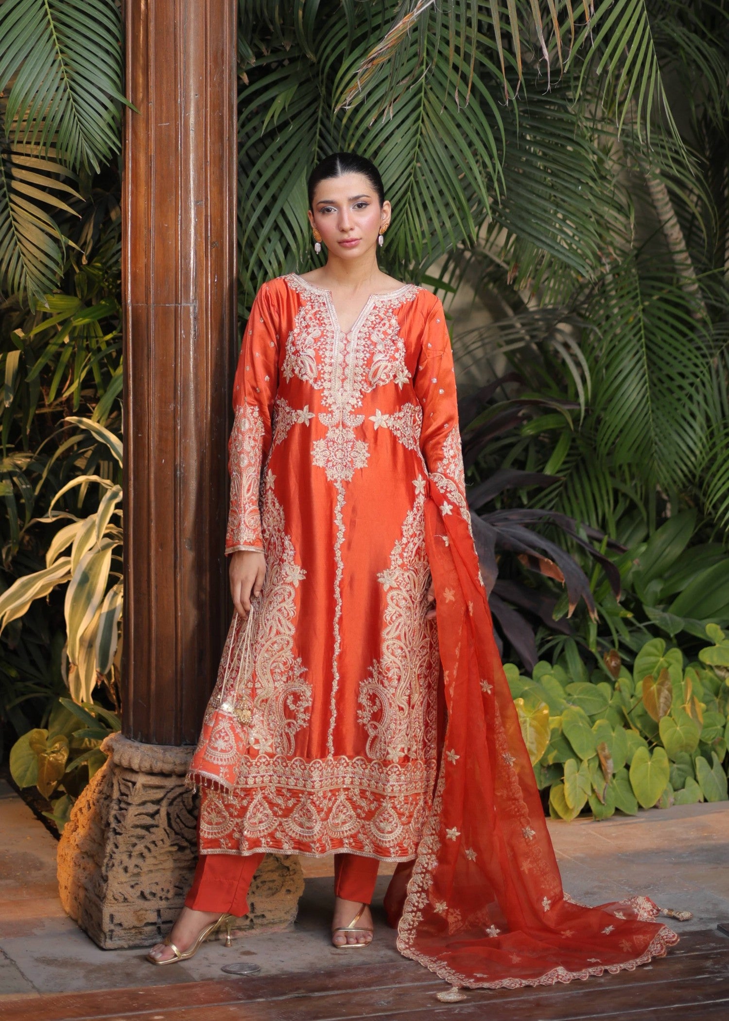 pure silk Kurta Set in Rust orange