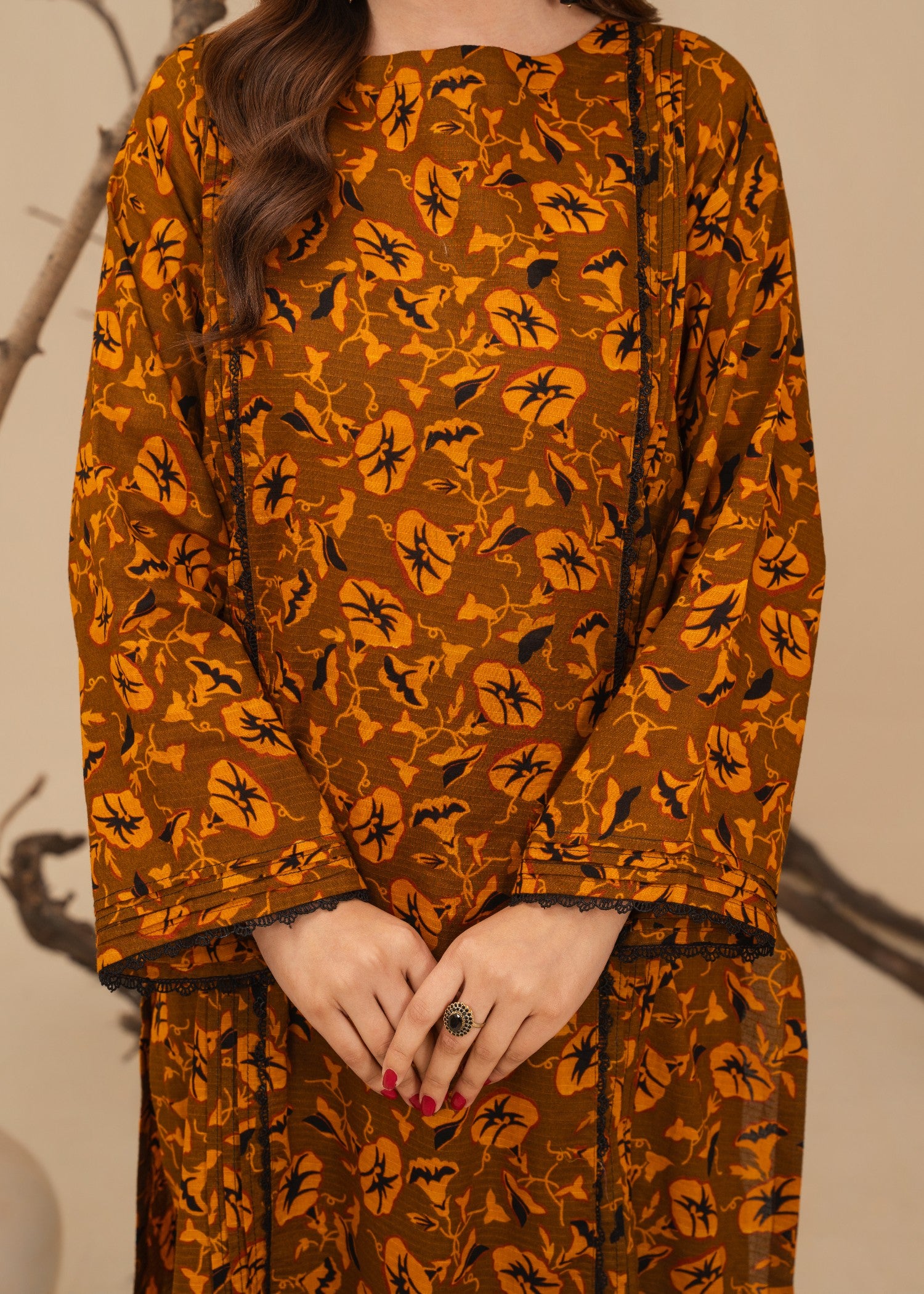 lawn Kurta Set in Walnut brown, sand brown