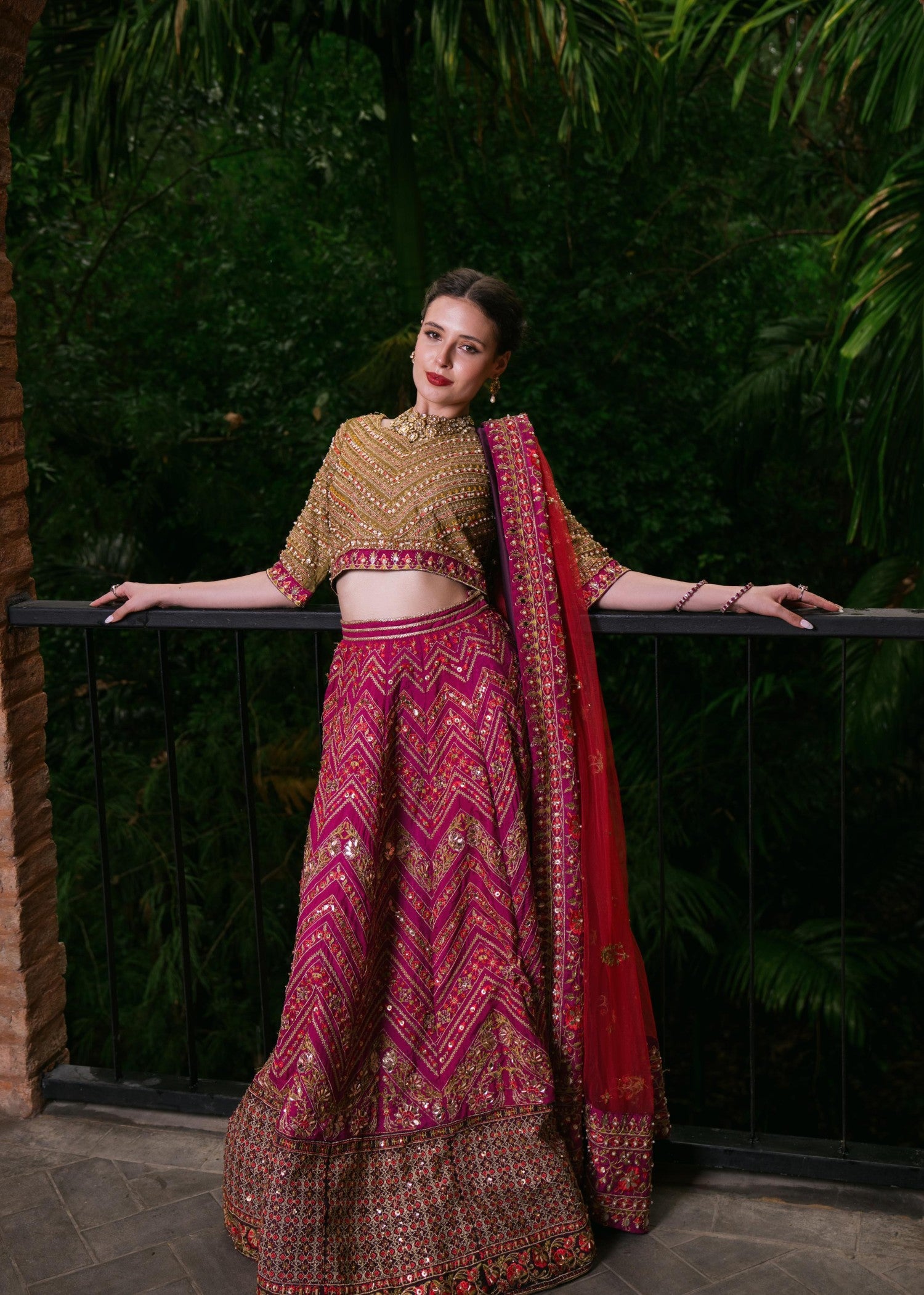 silk Lehenga in Red, plum, green
