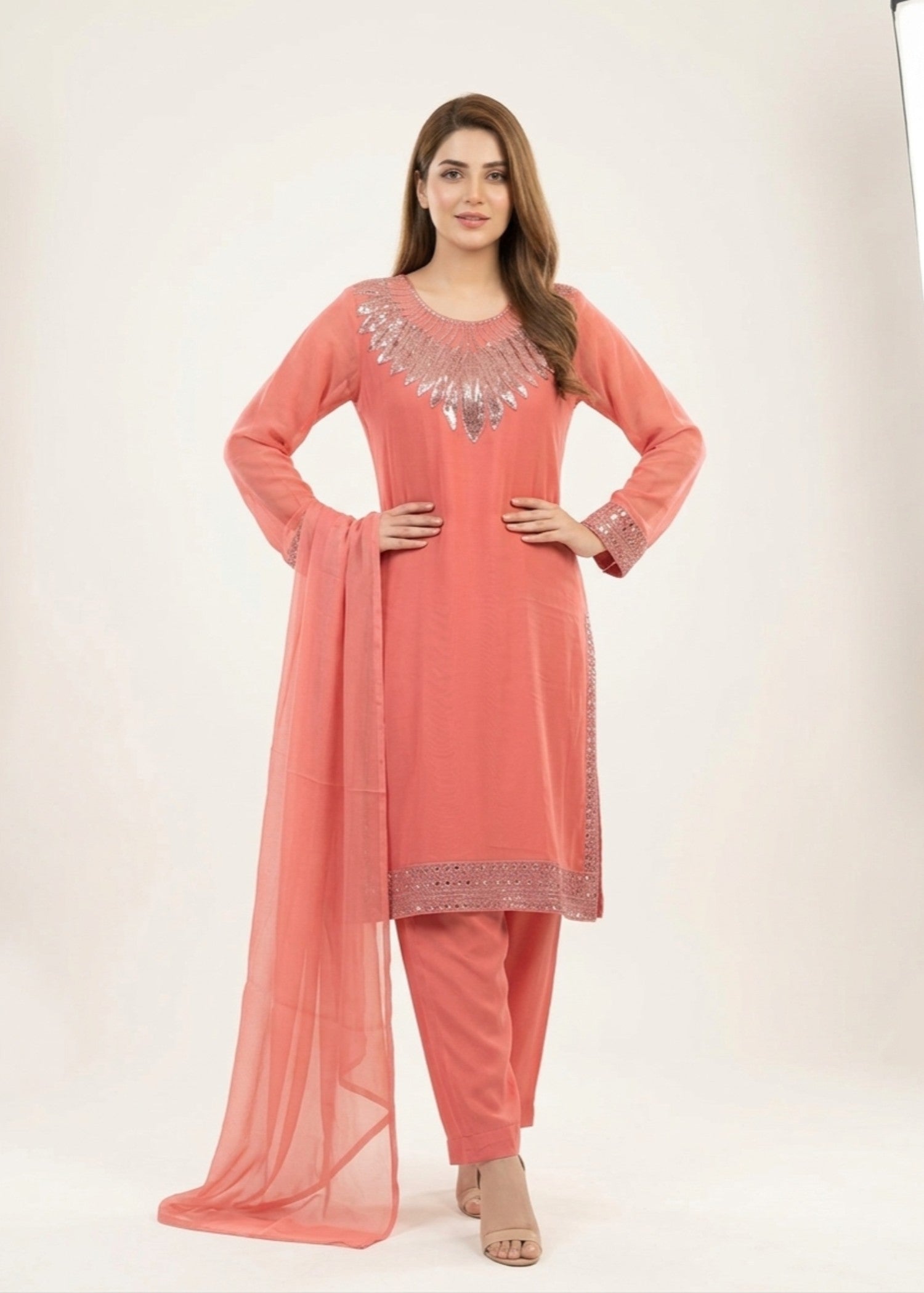 chiffon Kurta Set in Coral pink