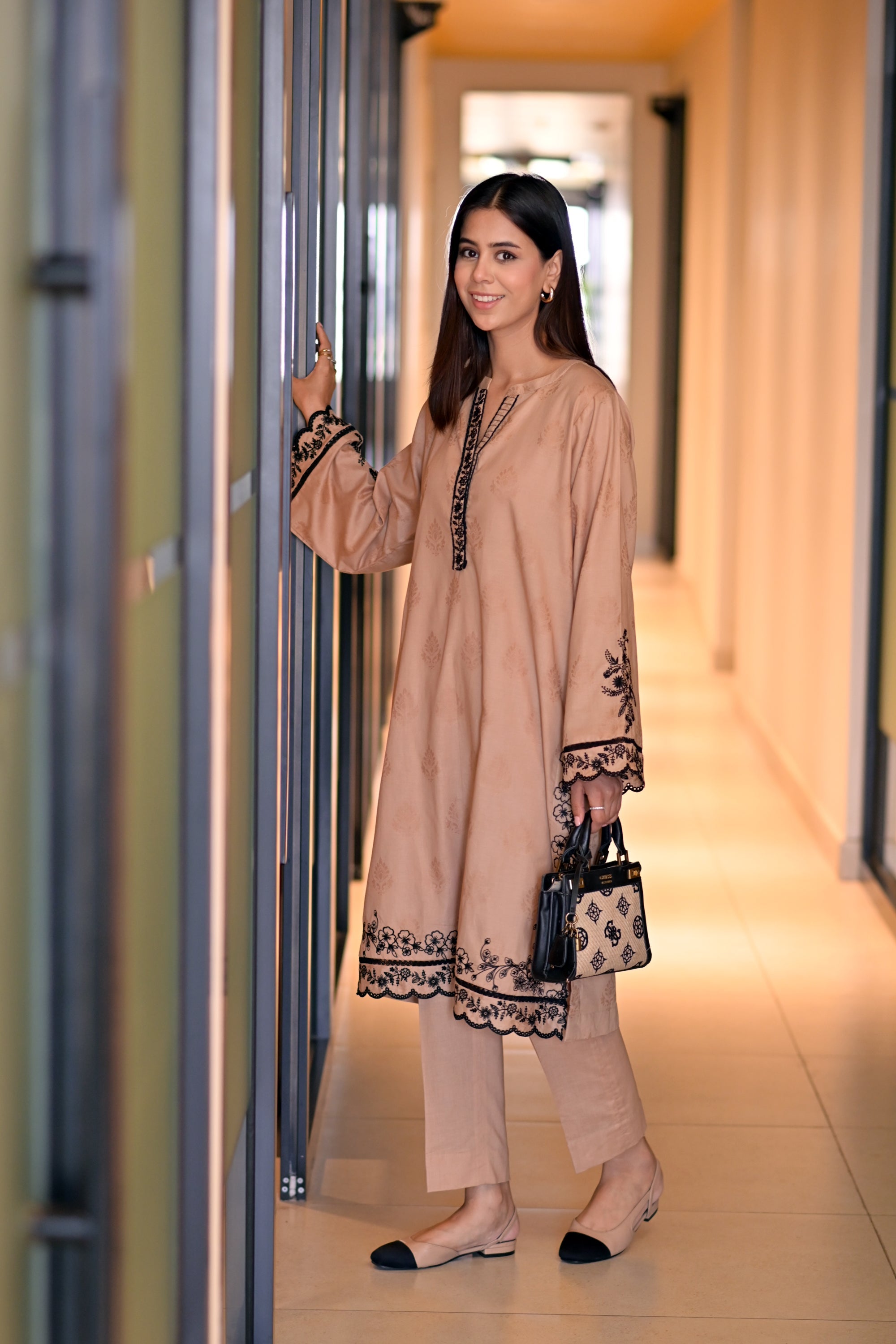 jacquard Kurti in Tan brown