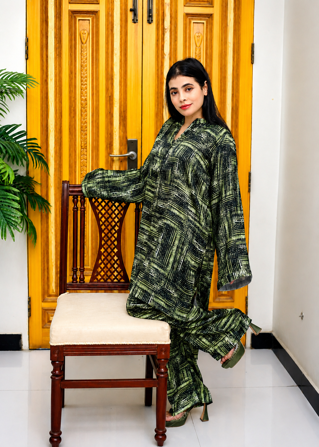 silk Co Ord Sets in Olive green, forest green, avocado green