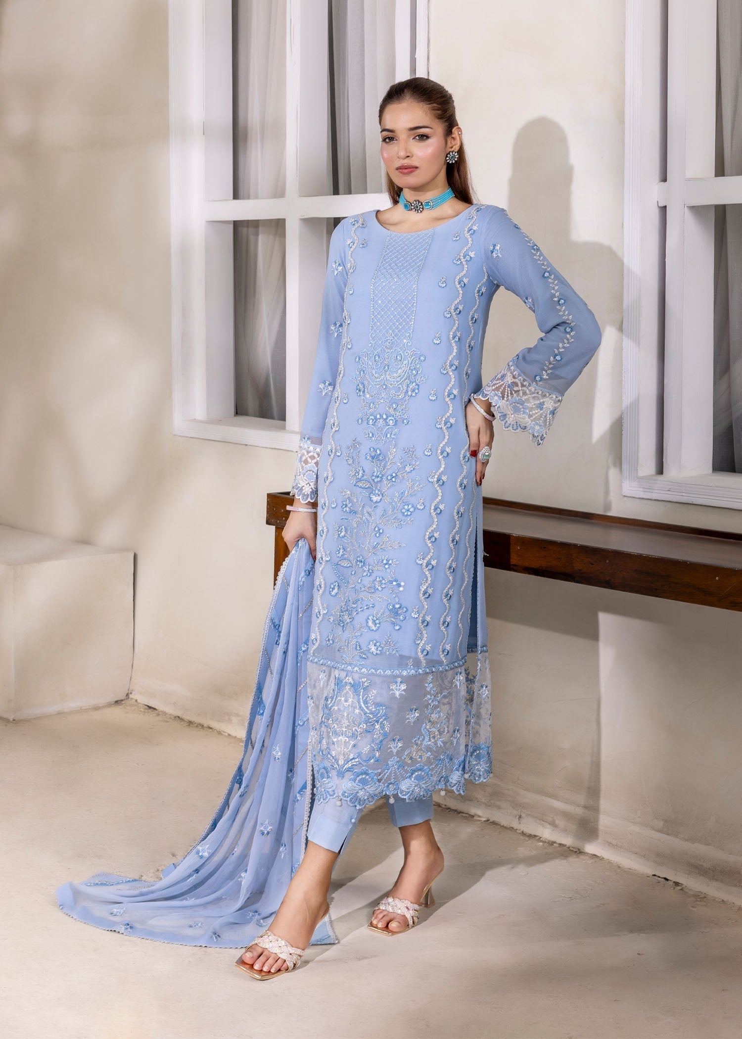 chiffon silk Kurta Set in Powder blue