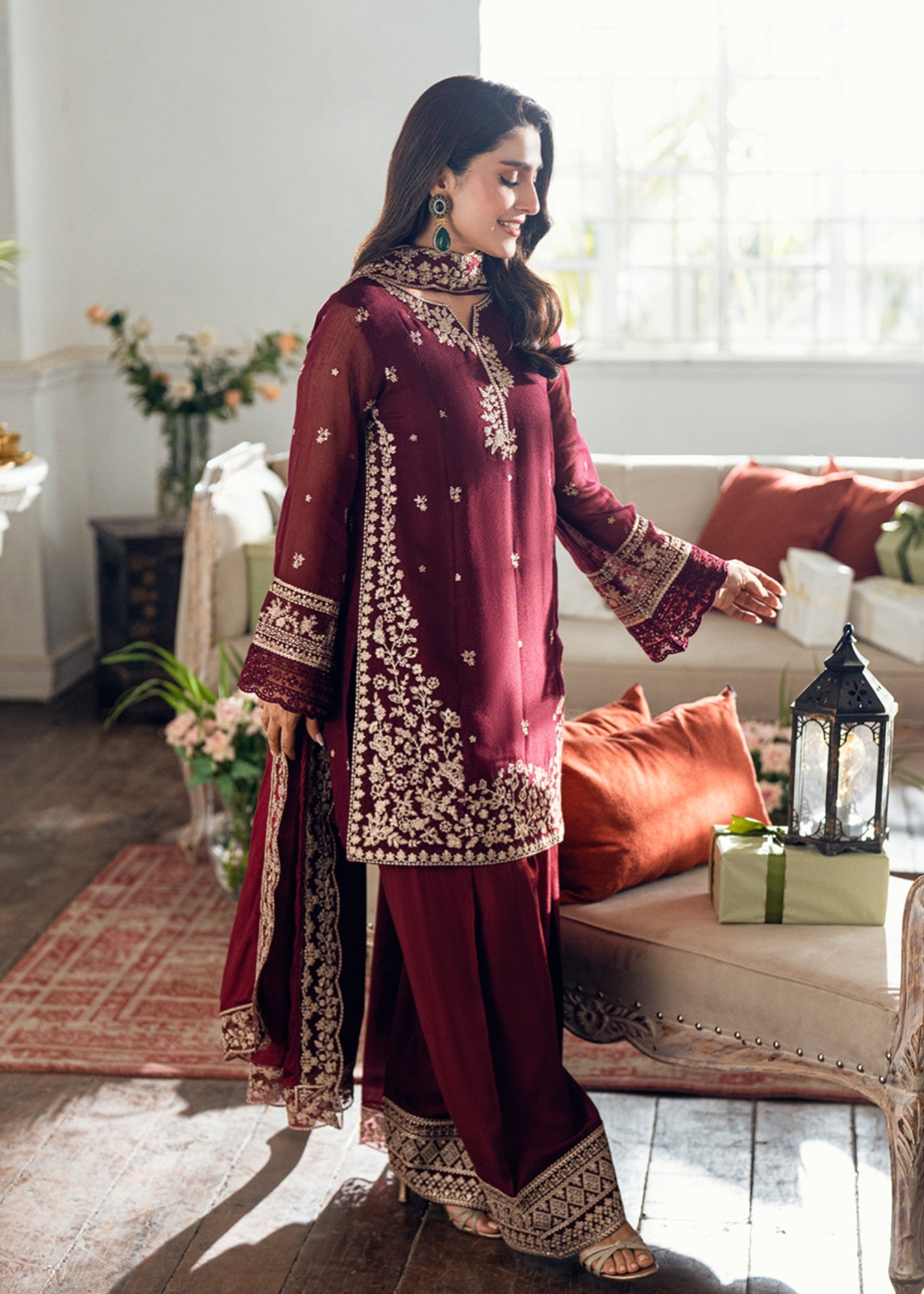 khaddi net shabnam zari Unstitched in Burgundy