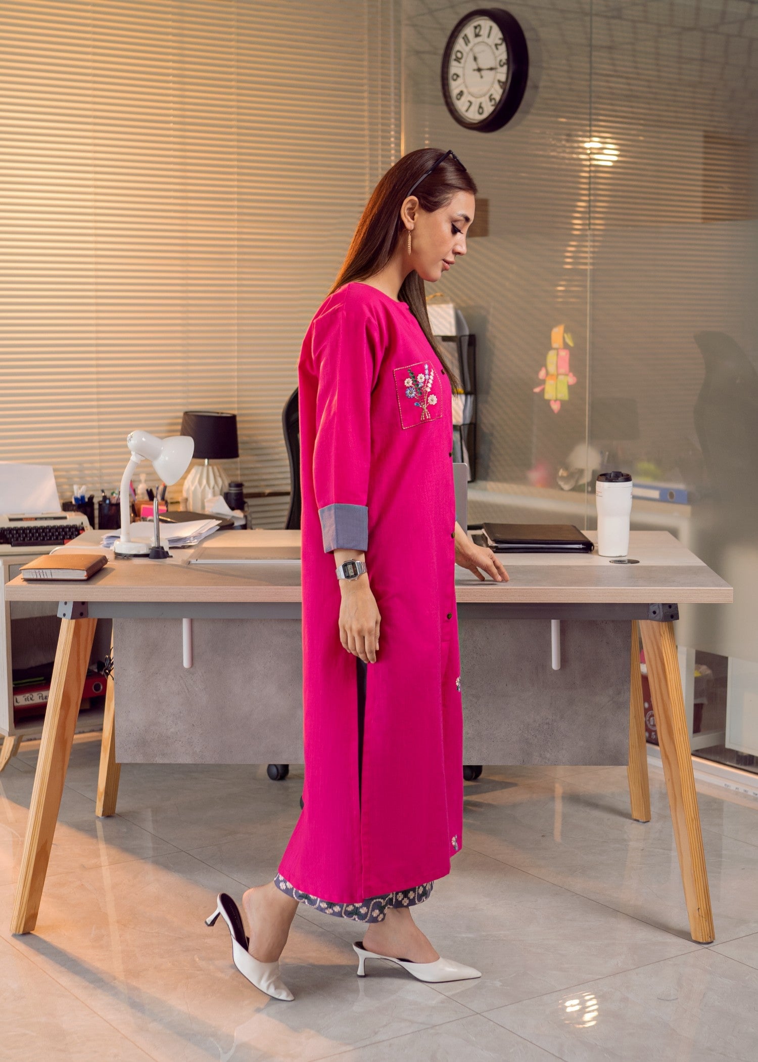 slub khaddar Kurta Set in Magenta, grey