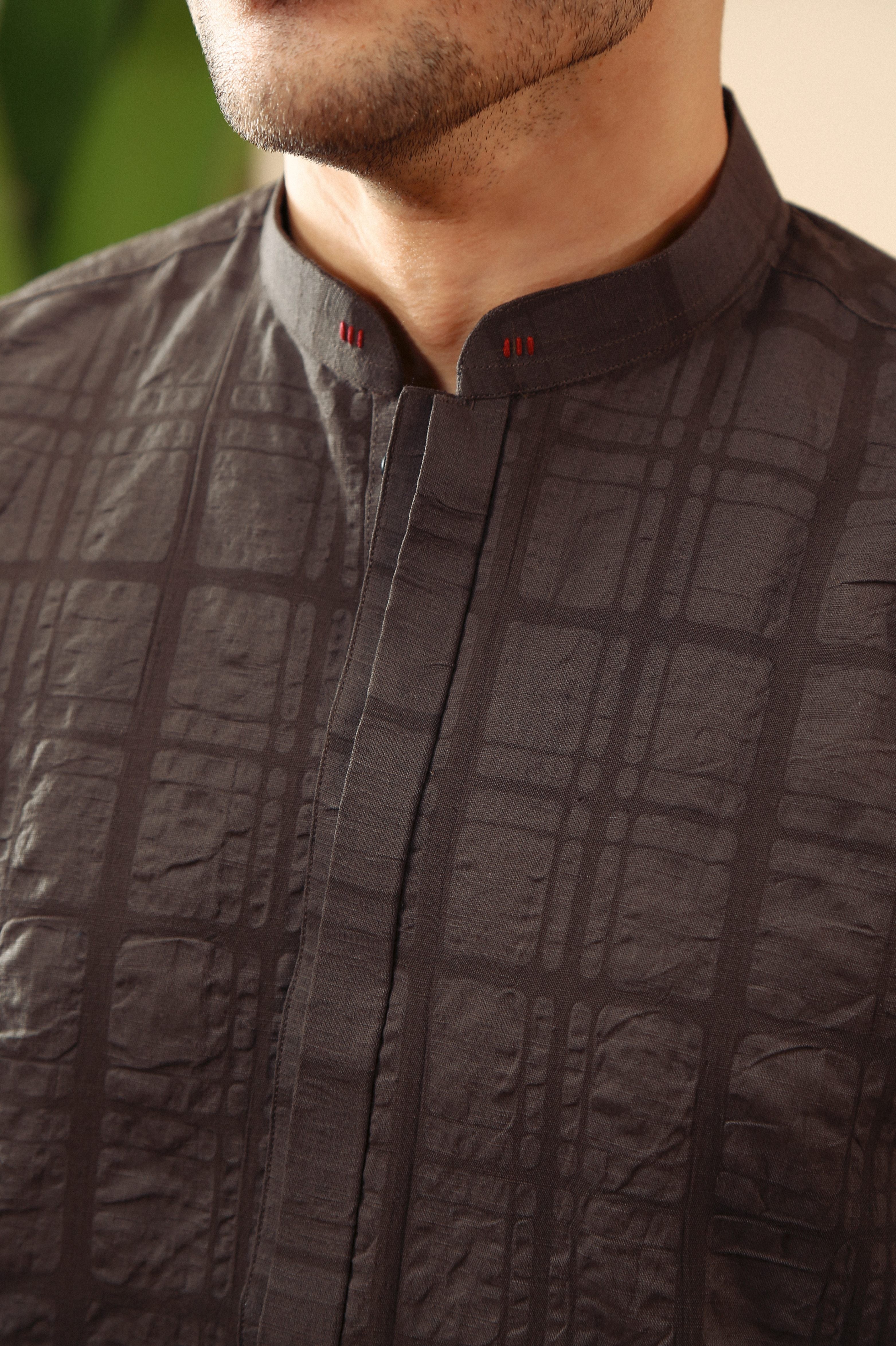 textured chambray Kurta Set in Black