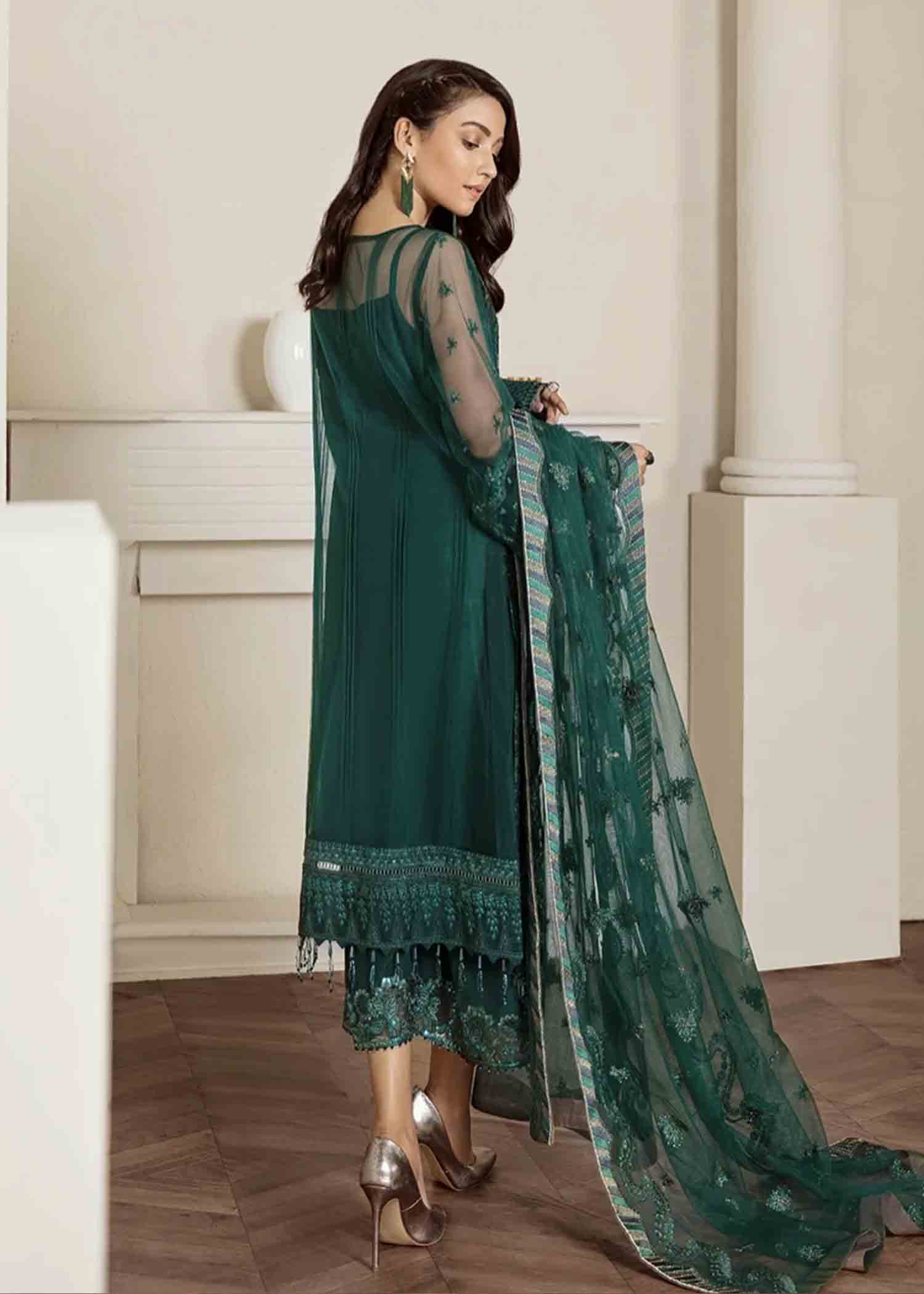 net Kurta Set in Bottle green