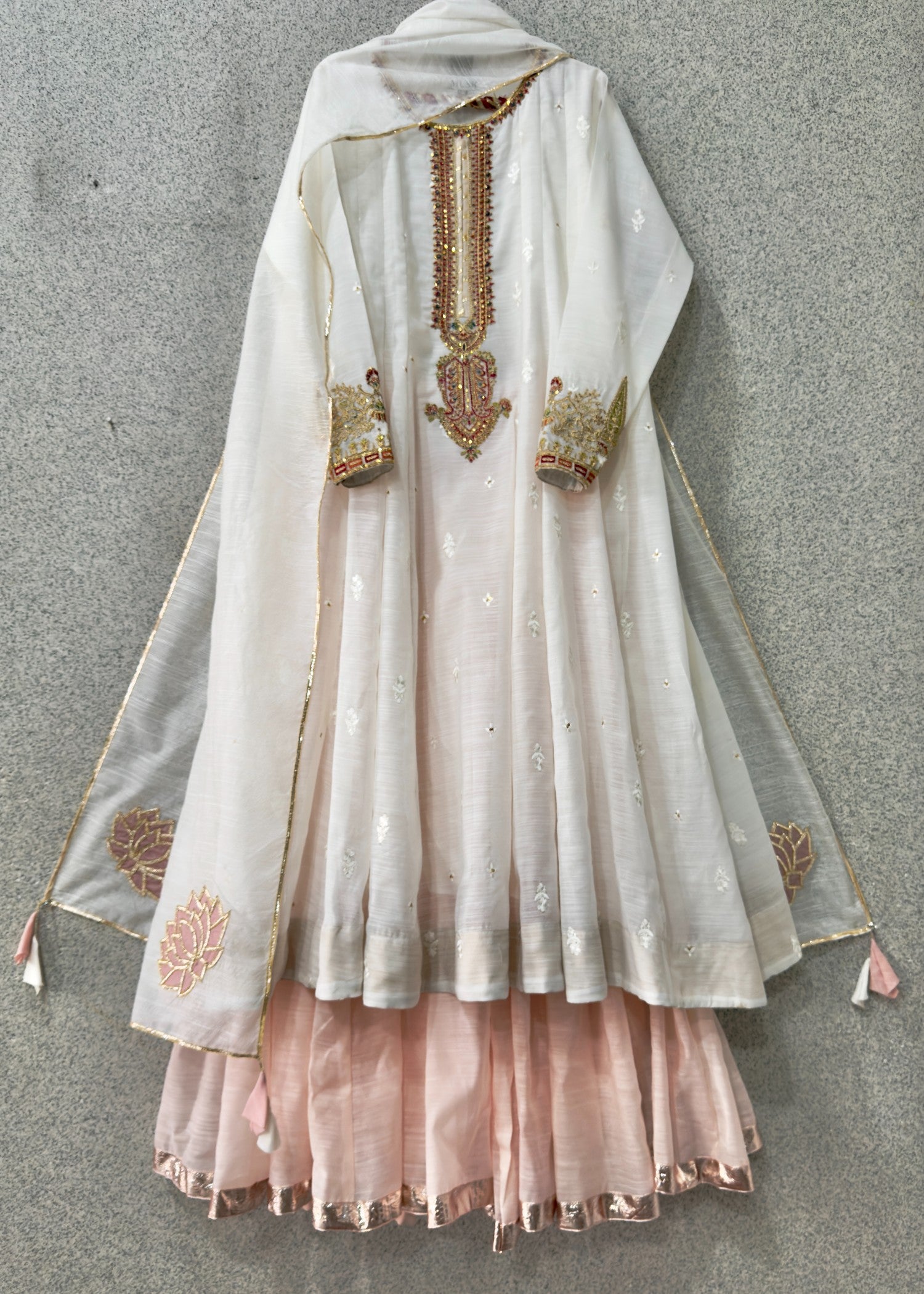 paper silk Anarkali in Ivory, tea rose pink