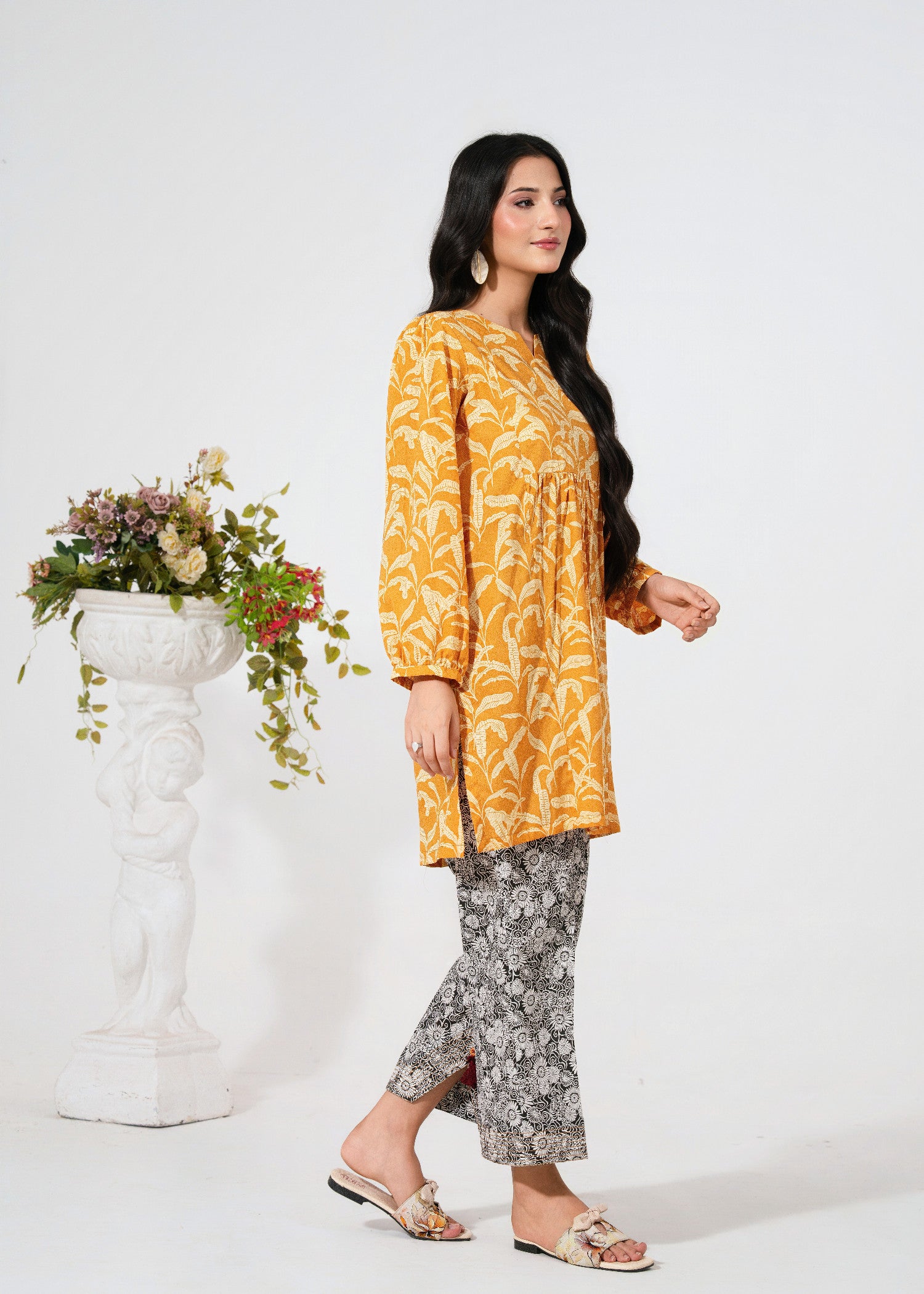 lawn Kurta Set in Black, mustard