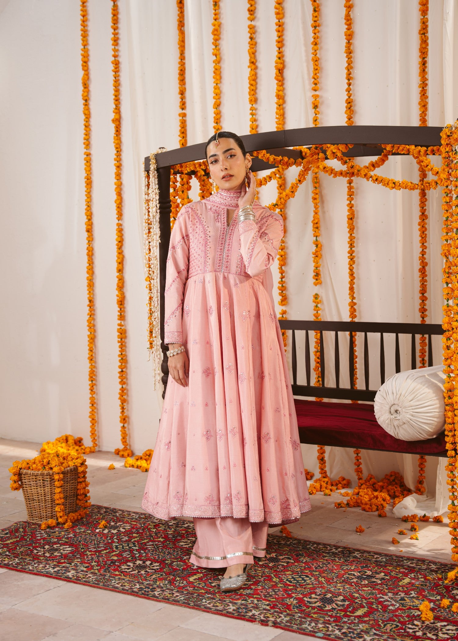 raw silk Pishwas in Pastel pink