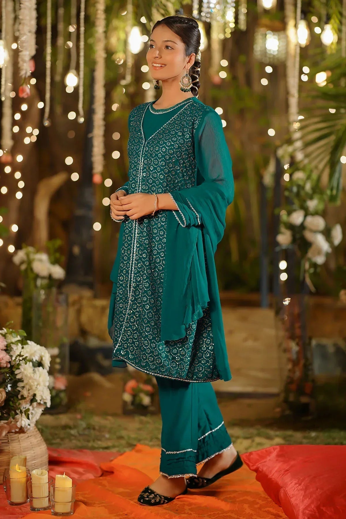 bemberg crinkle chiffon Short Frock in Bottle green